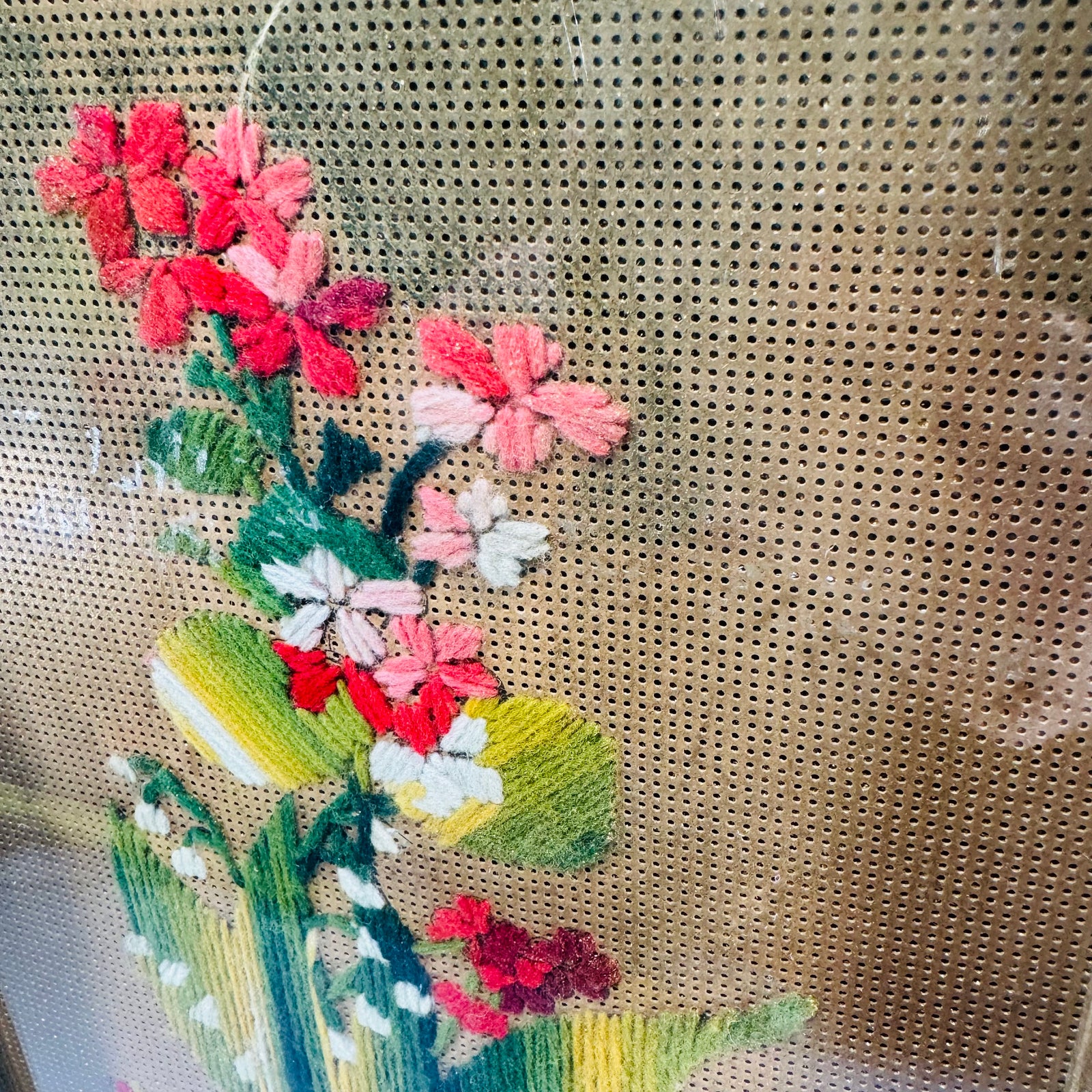 Vintage Punched Paper Embroidery Framed Floral Needlework Wall Art