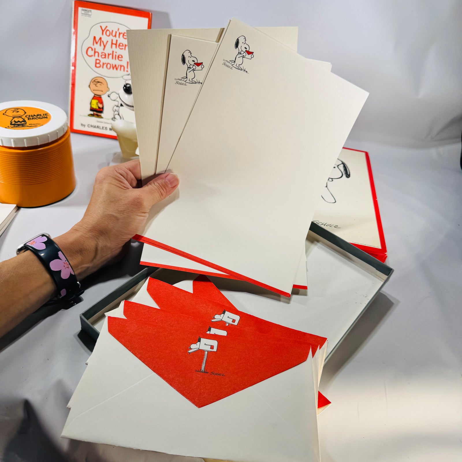 Snoopy & Charlie Brown Vintage Fan Bundle (1960s–70s) – 1969 Thermos, 1969 Hong Kong Snoopy Toy, 1961 Paperback & Hallmark Stationery Giftable Set