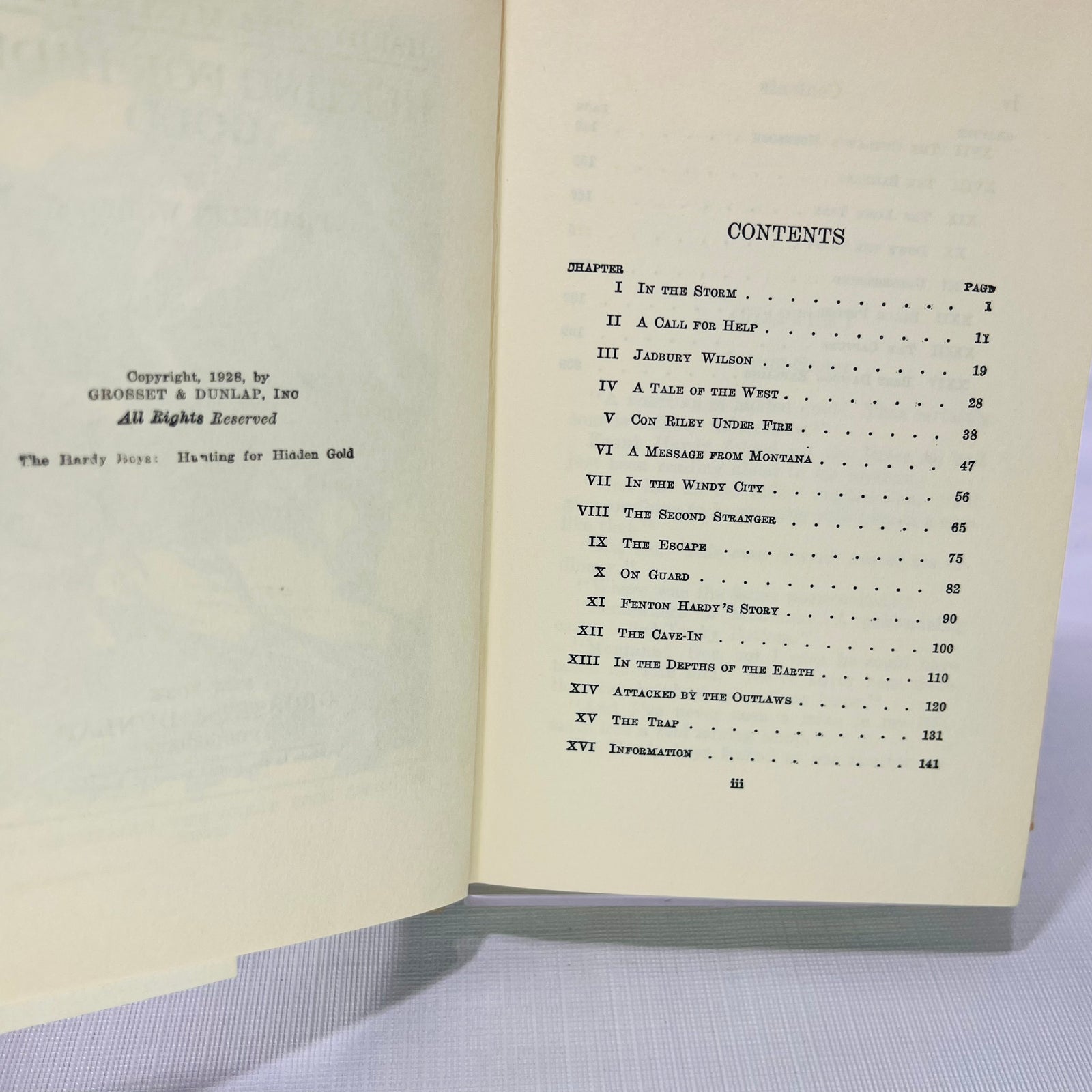 Copyright 1928 page and contents page, The Hardy Boys Hunting for Hidden Gold