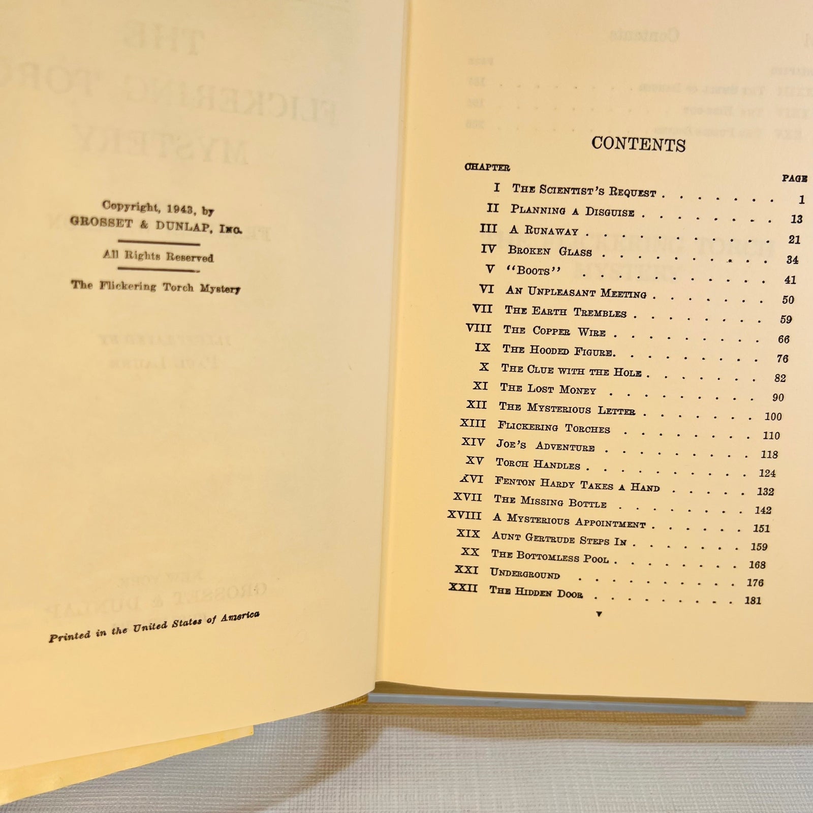 Copyright 1943 page and contents page, The Hardy Boys The Flickering Torch Mystery