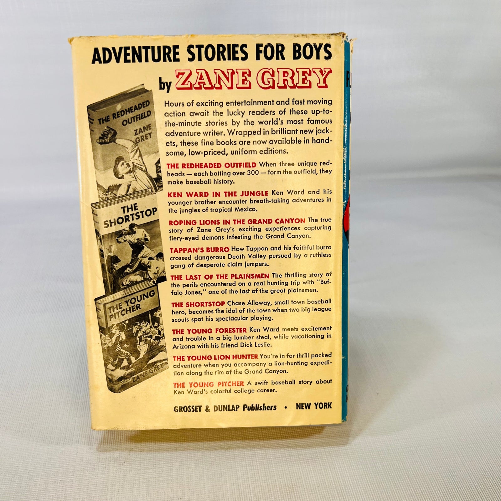 Back of the dust jacket with the Zane Grey Adventure Stories for Boys list, Flickering Torch