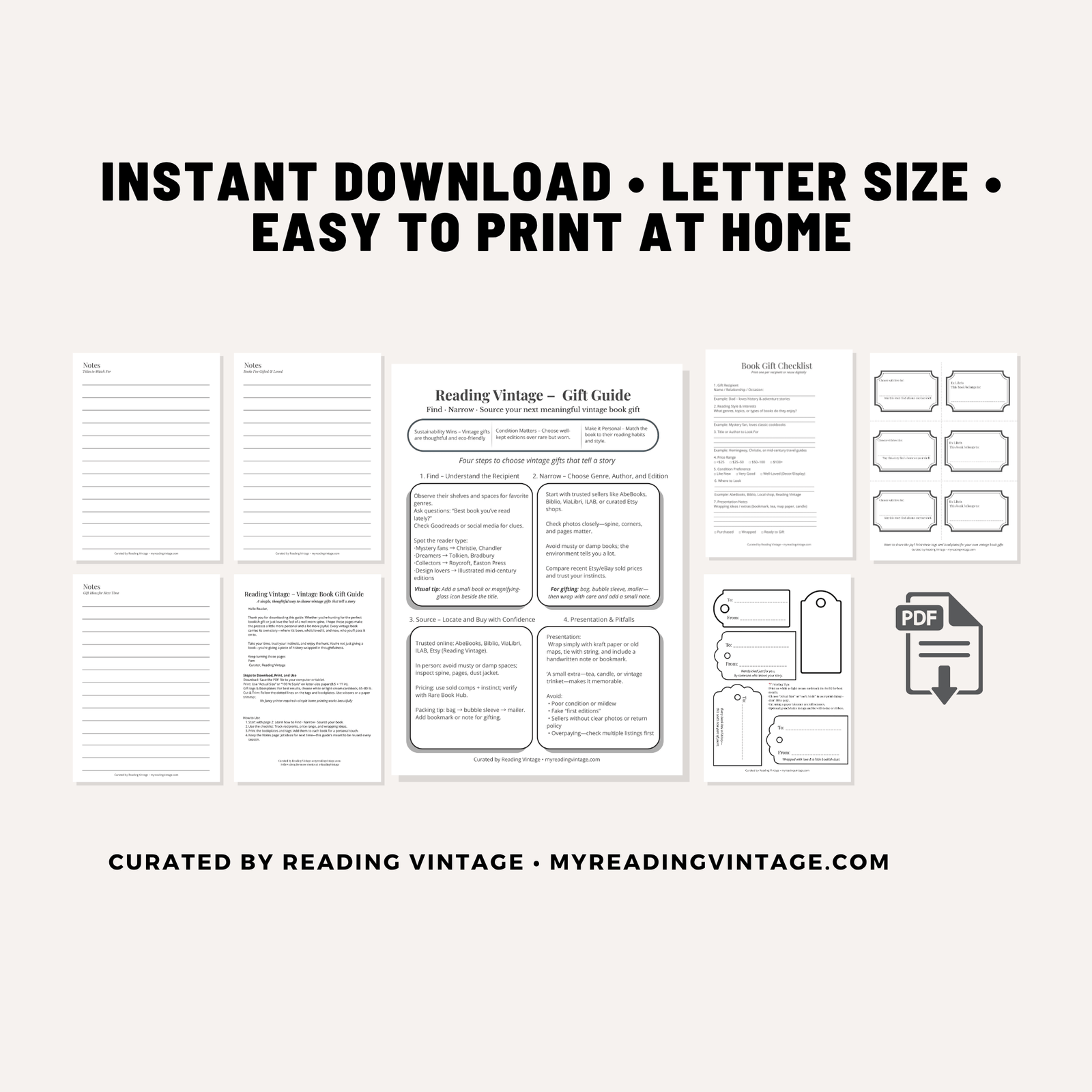 Vintage Book Gift Guide – Printable Tags, Bookplates & Checklist (Digital Download)