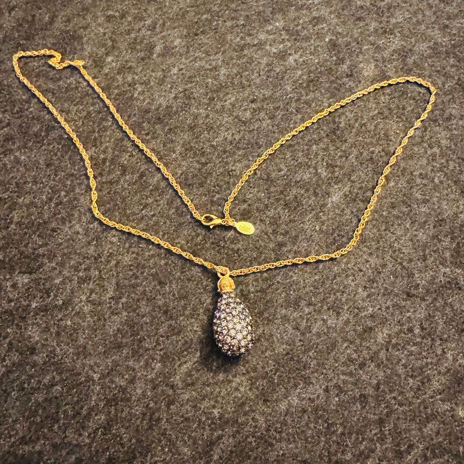 Vintage Joan Rivers Caviar Egg Necklace Black Swarovski Crystal Pavé Pendant 28” Gold Tone Rope Chain Signed Tag