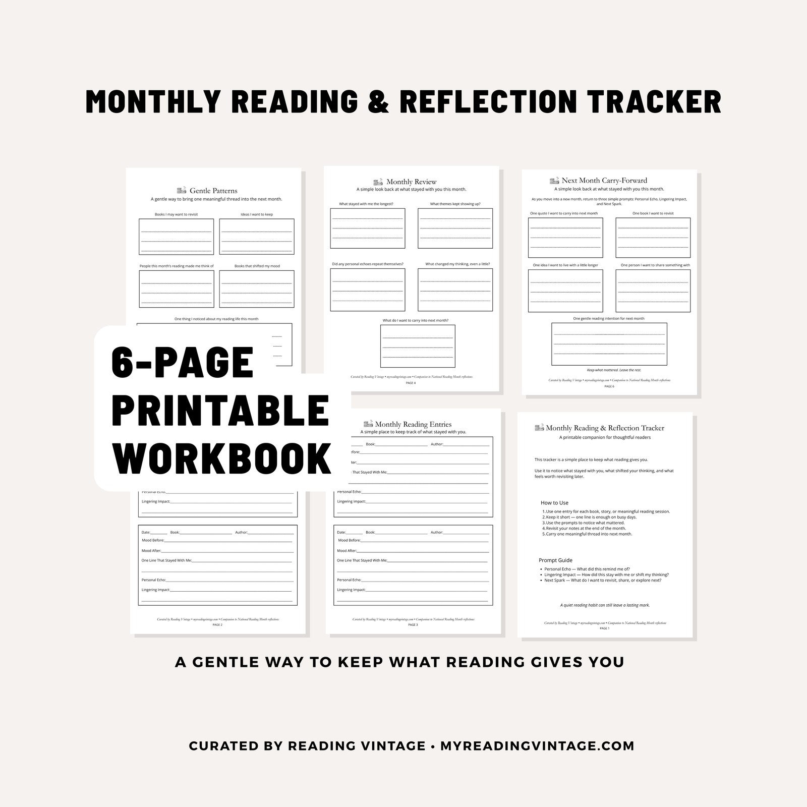 Monthly Reading & Reflection Tracker Printable | 6-Page Reading Journal PDF