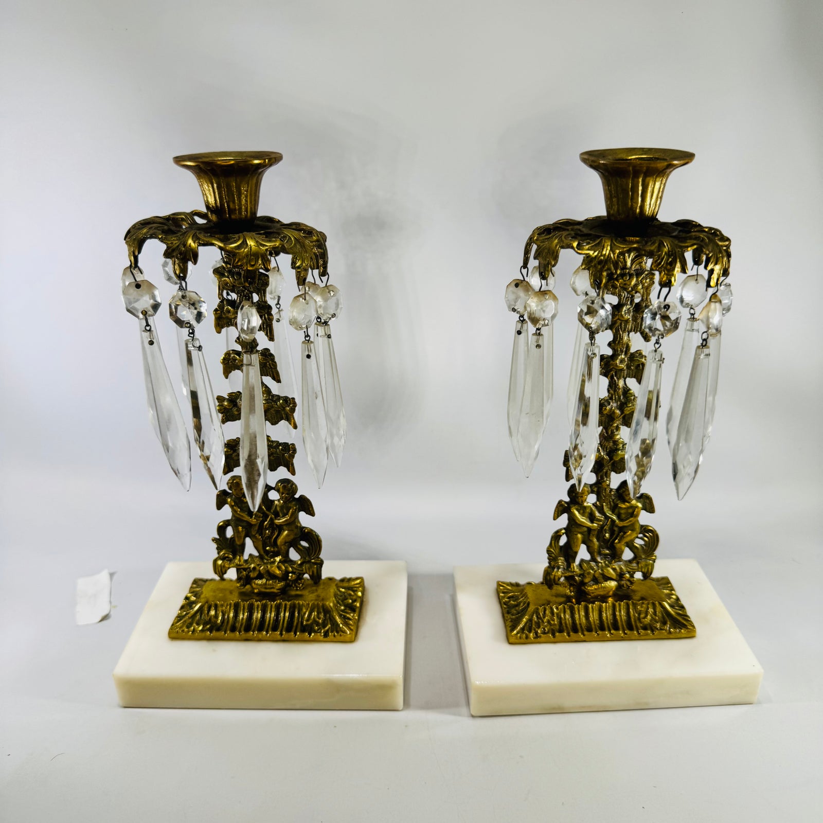 Victorian Girandole Candlesticks Pair with Crystal Prisms and Marble
