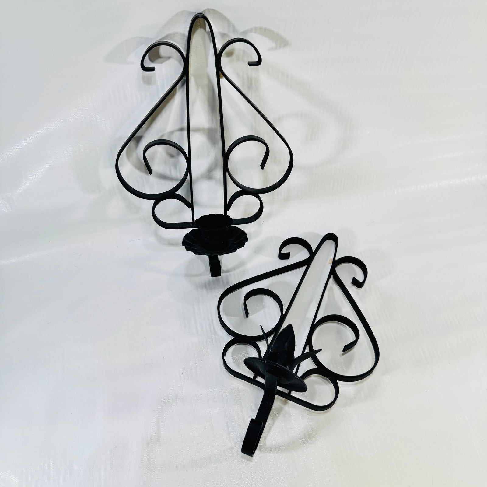 HOMCO Black Wrought Iron Scroll Wall Candle Sconces Pair, 1970s