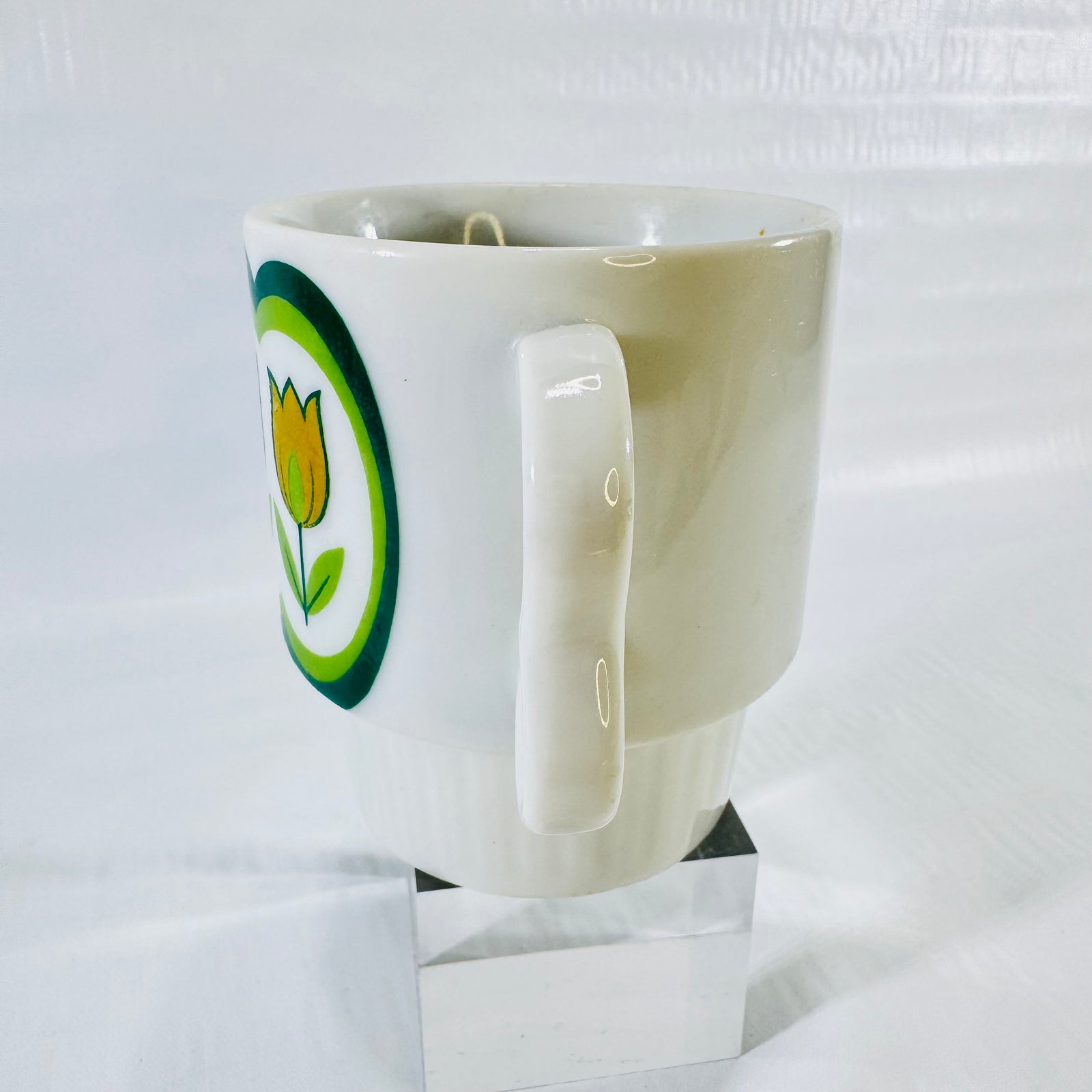 1970s Japanese Tulip Stacking Mug Green Yellow Mod Ceramic