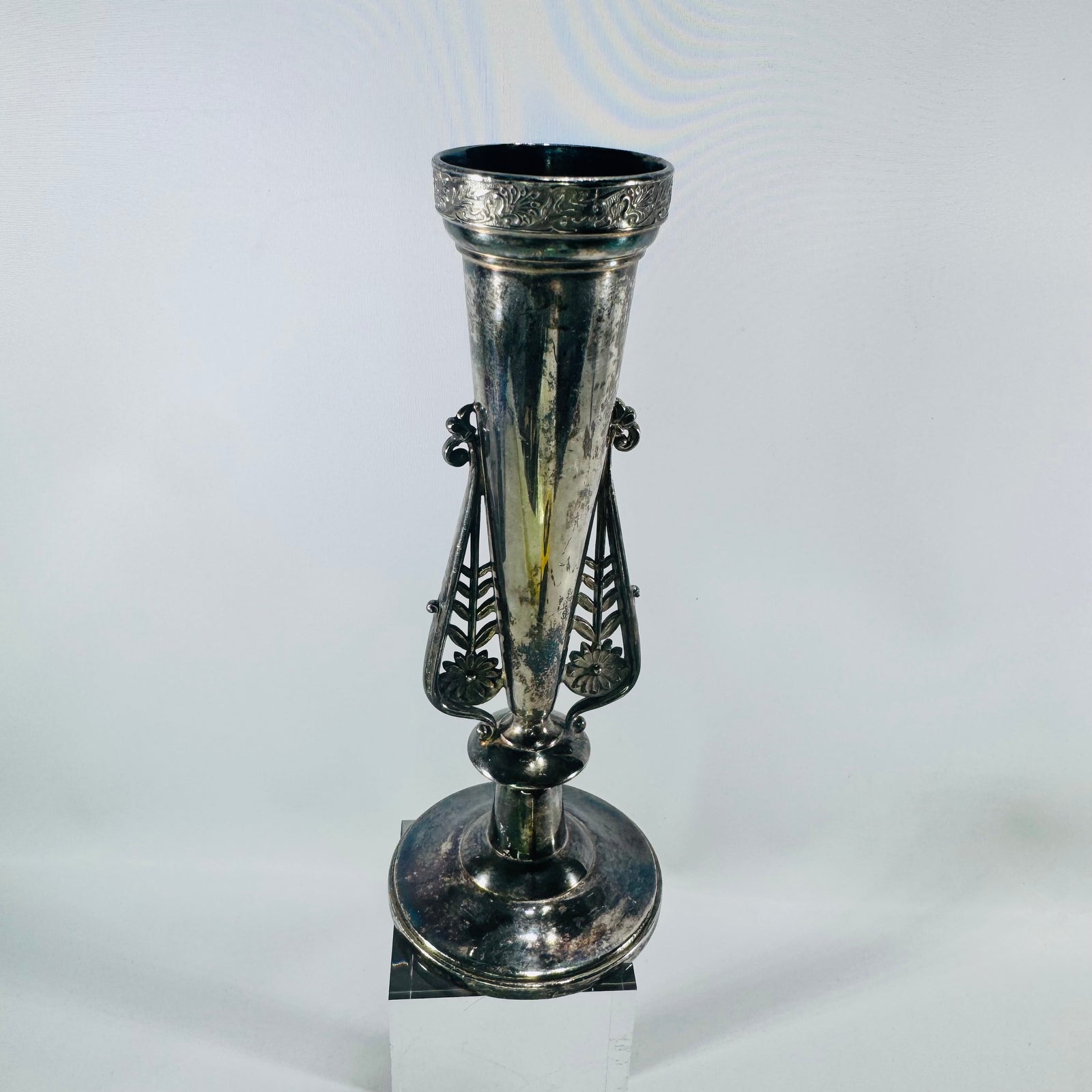 Vintage EH Barton Silver-Plated Trumpet Bud Vase Sheffield Style Art Nouveau Pierced Handles