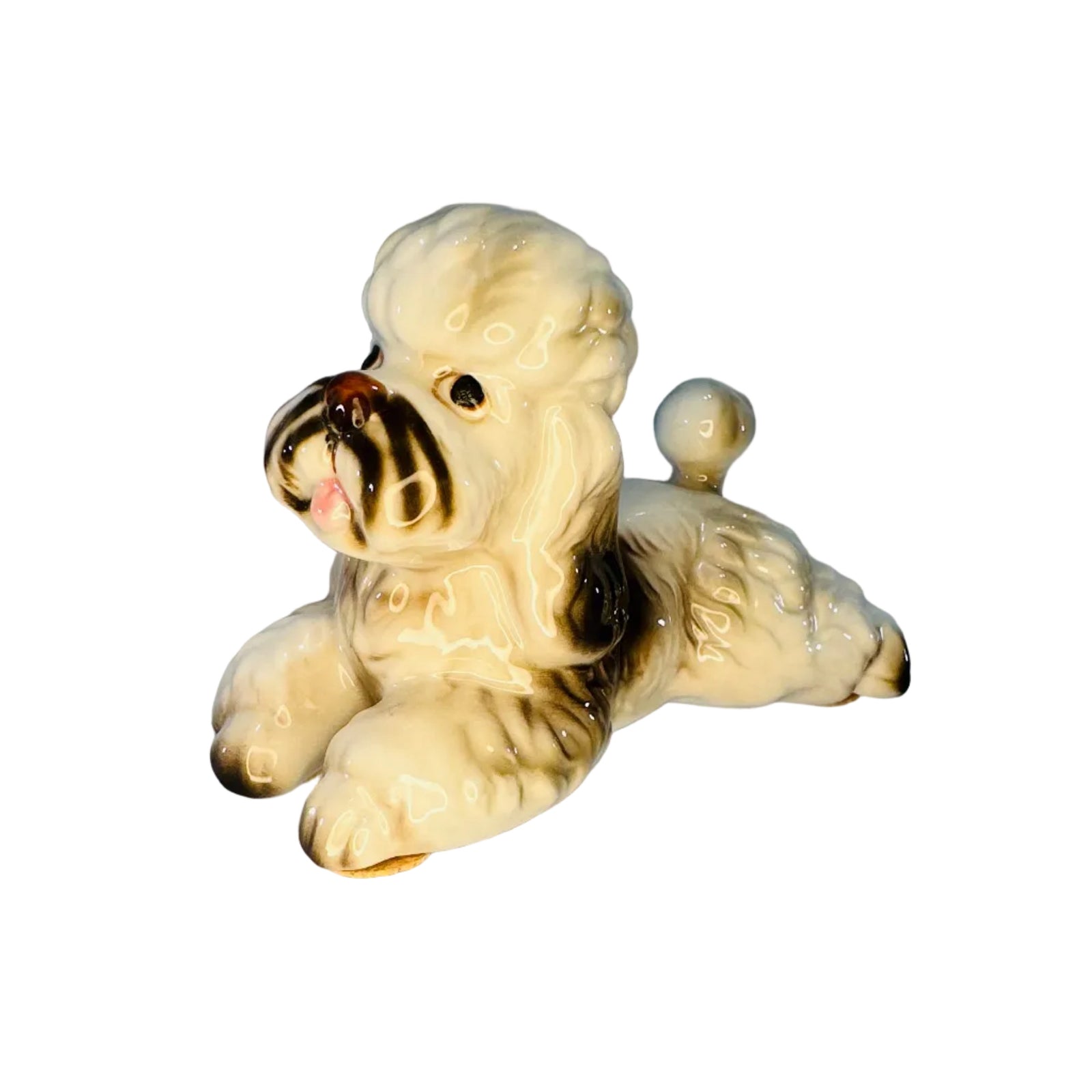 Vintage Lefton Poodle Ceramic Dog Figurine White Curly Coat Black Accents Korea 04714 4x3x2 Mid Century Decor