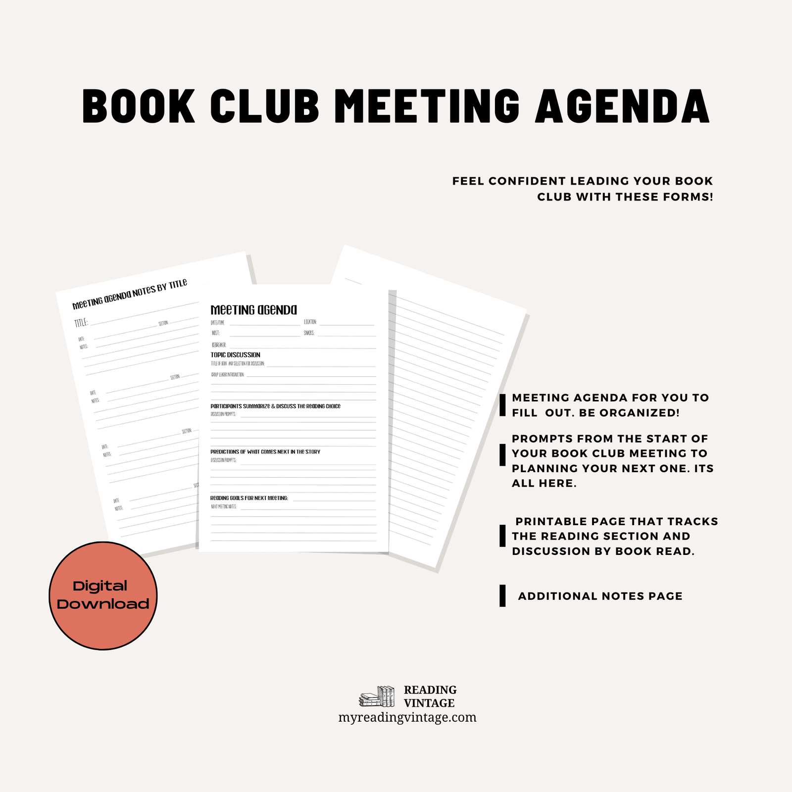 Book Club Printable Meeting Agenda (with Agenda by Title) – Digital Download PDF, Letter Size