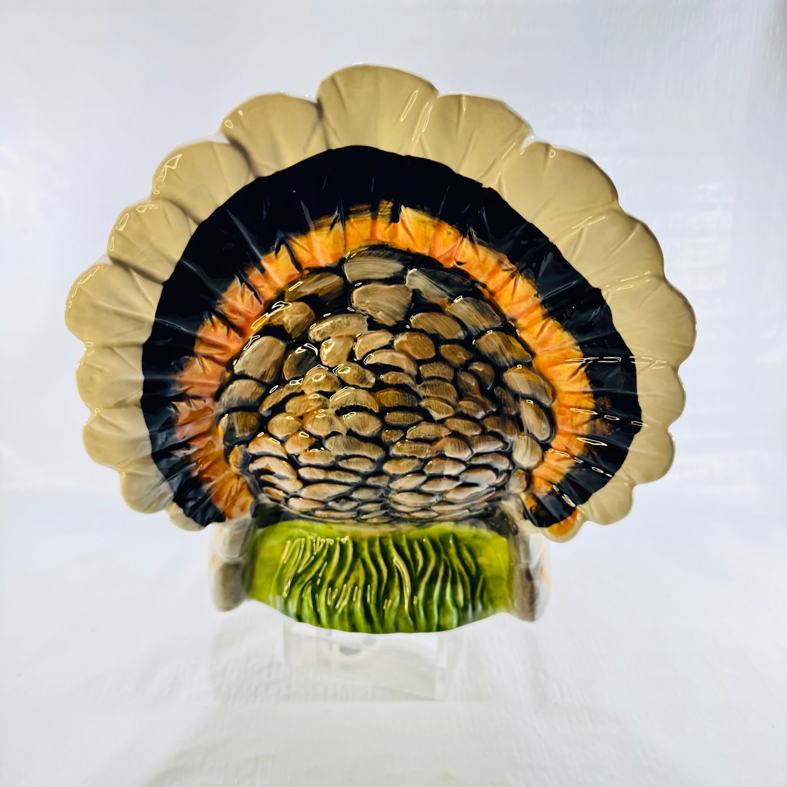 Back of a ceramic turkey tail fan with cream scalloped edge and black and orange bands