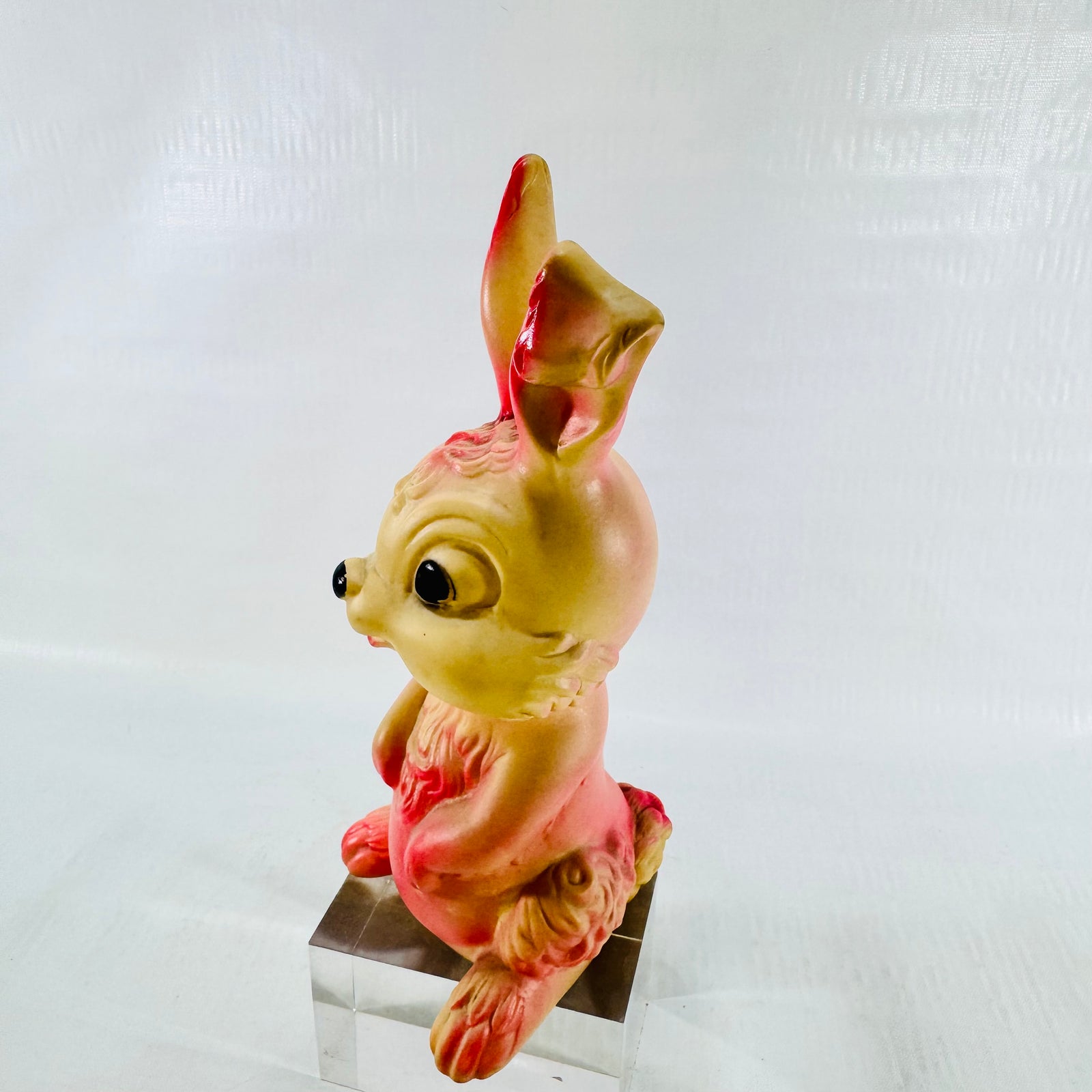 Three quarter view of the rabbit from its left side, showing the pink haunch, foot, and the ear tip folded over.