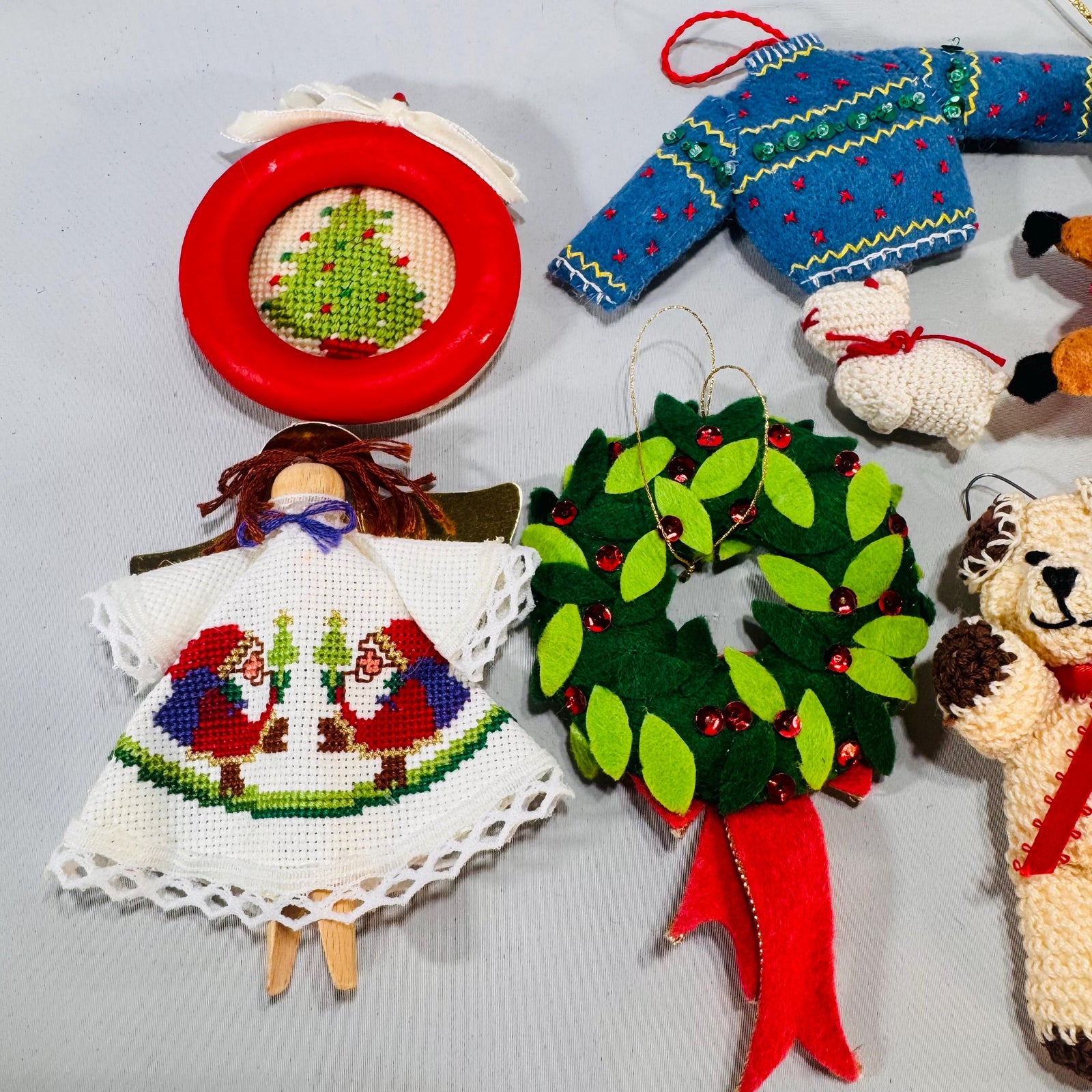 Vintage Christmas Ornaments – Collectable Set of 7 Felt, Needlepoint & Crochet (5"–1") – Cozy Tree Decor Kitchy Charm Gift-Ready
