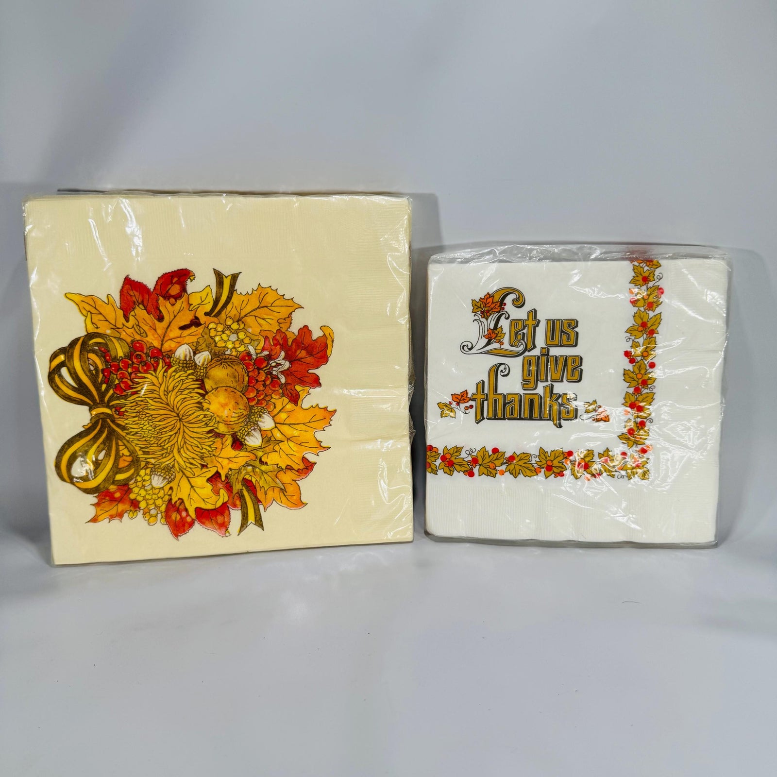 Vintage Hallmark Thanksgiving Napkins NOS—2 Sealed Packs, “Let Us Give Thanks” & Harvest Leaves, Made in USA, Fall Table Decor, 1970s