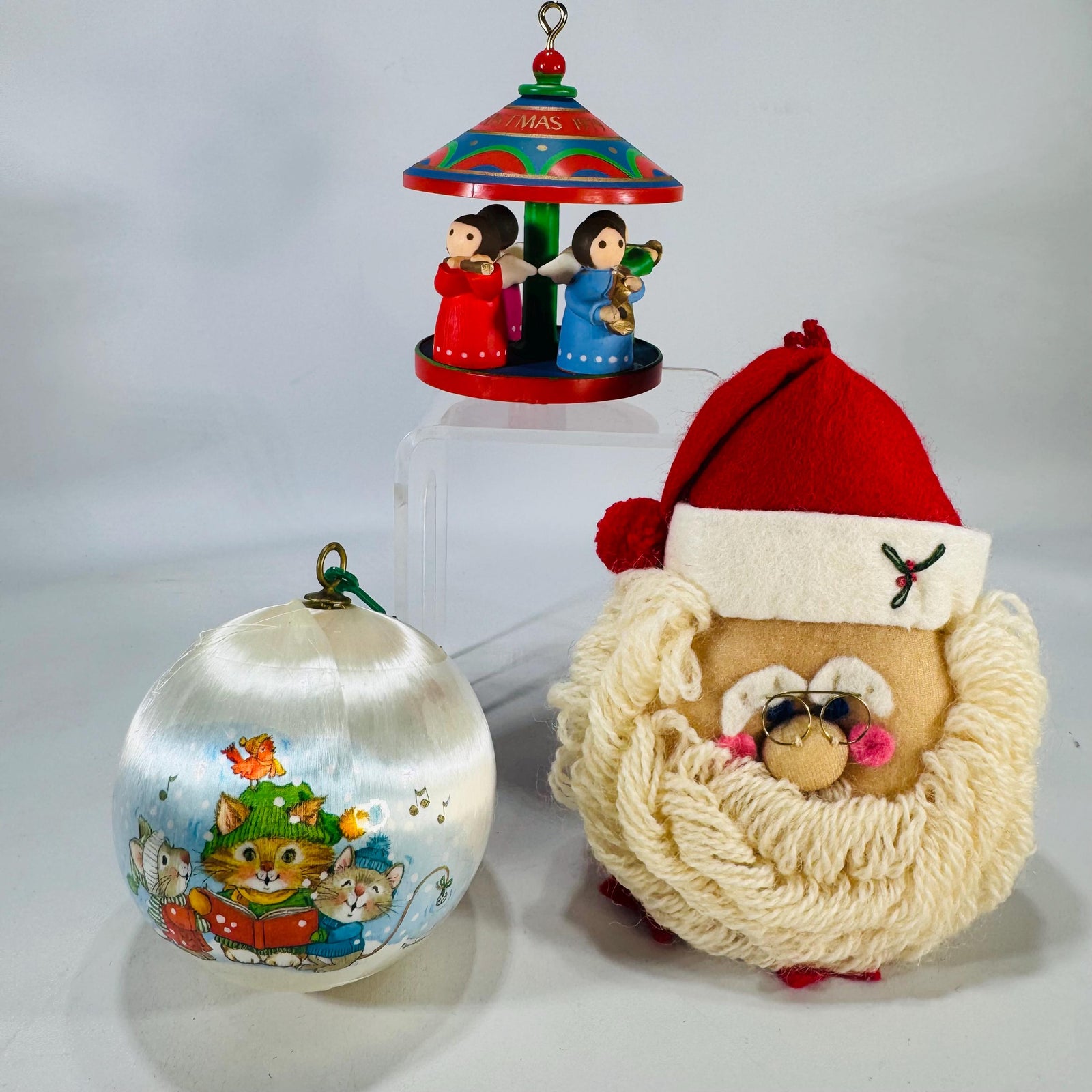 Vintage Christmas Ornaments Trio: 1979 Hallmark Wood Carousel, 1980 Current Satin Cat Ball, Plush Yarn Santa Face | Retro Tree Decor