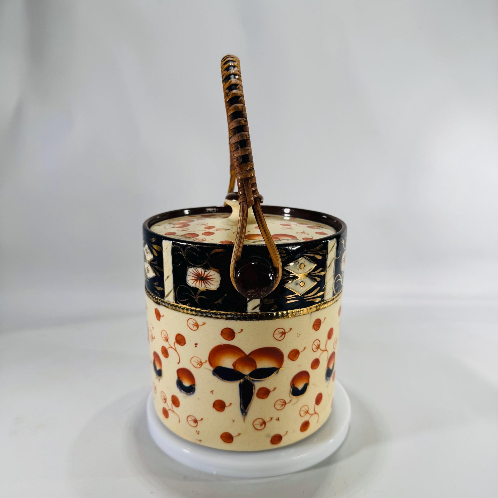 Vintage Imari Style Biscuit Barrel | Japanese Ceramic Cookie Jar | Black, Orange & Gold | Wood/Rattan Handle 5.5" Mid Century Kitchen Decor