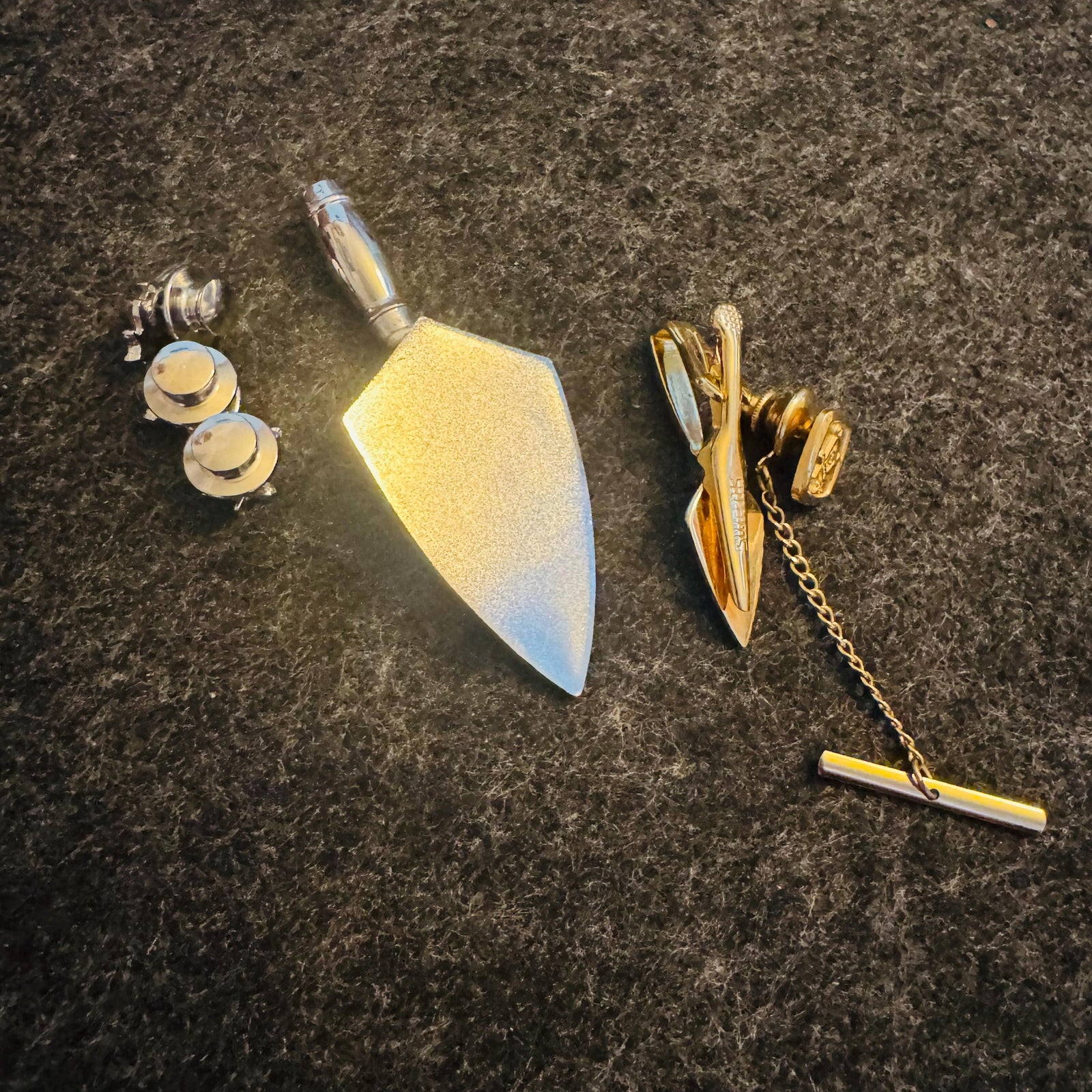 Vintage Masonic Freemason Accessories Lot–Birch Run Lodge No. 514 F AM Mini Trowel 3” Swank Trowel Tie Clip (1.5”) Tie Tack & Lapel Pins