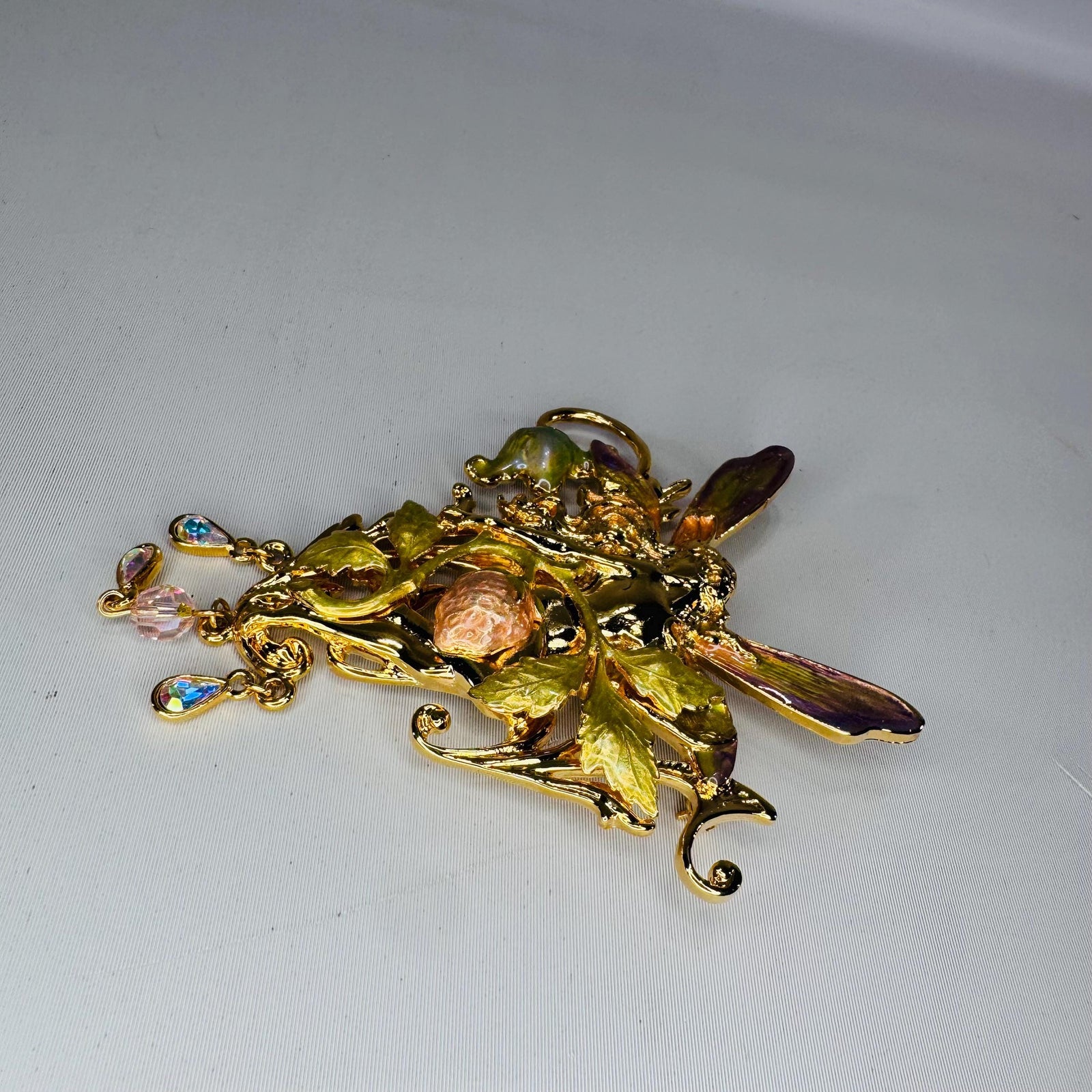 Kirk’s Folly “Strawberry Queen” Fairy Brooch Pendant, Gold Tone Art Nouveau Fairy Pin, Iridescent Enamel Wings, Dangle Crystal Charms
