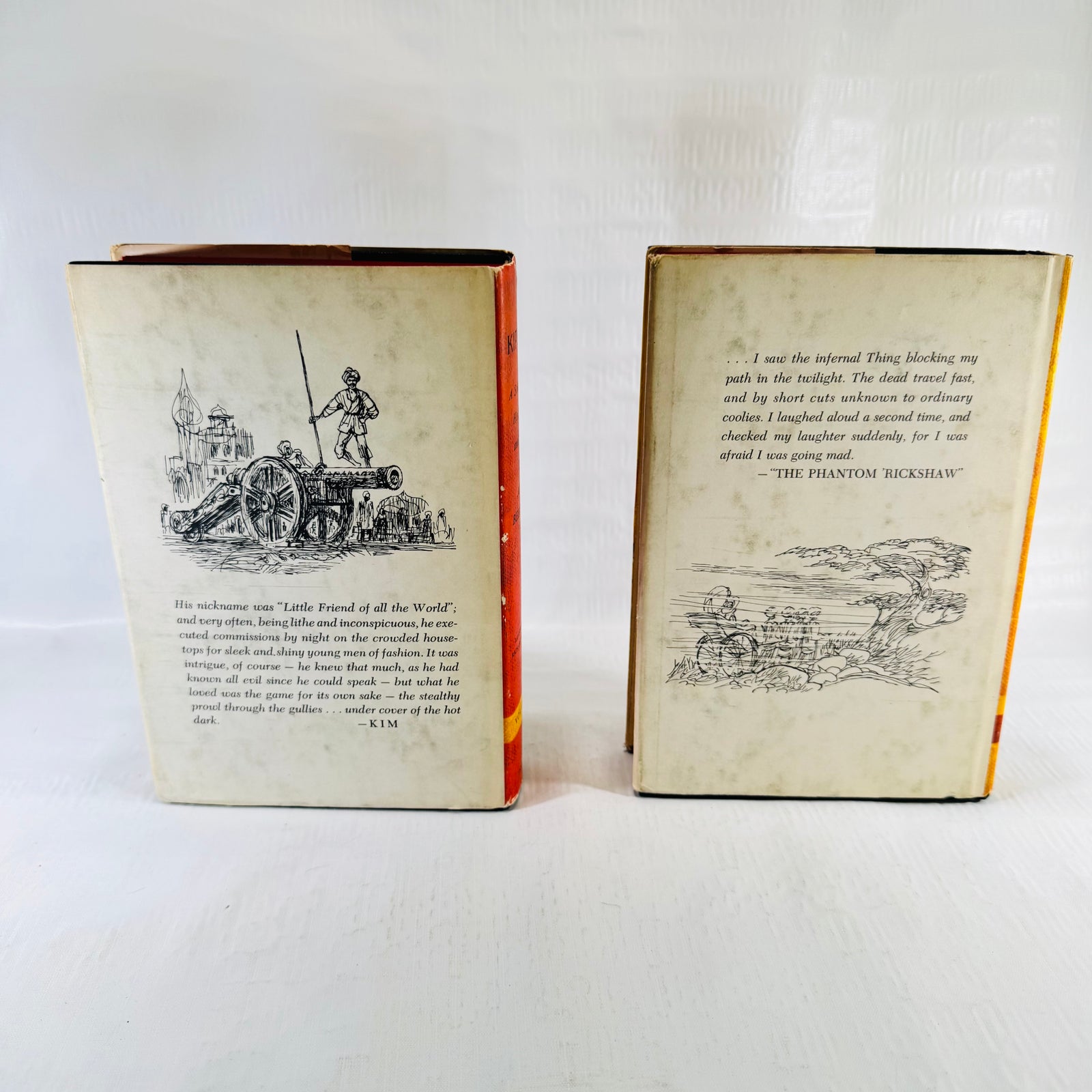 Back covers of both jackets, one showing a cannon and one The Phantom Rickshaw