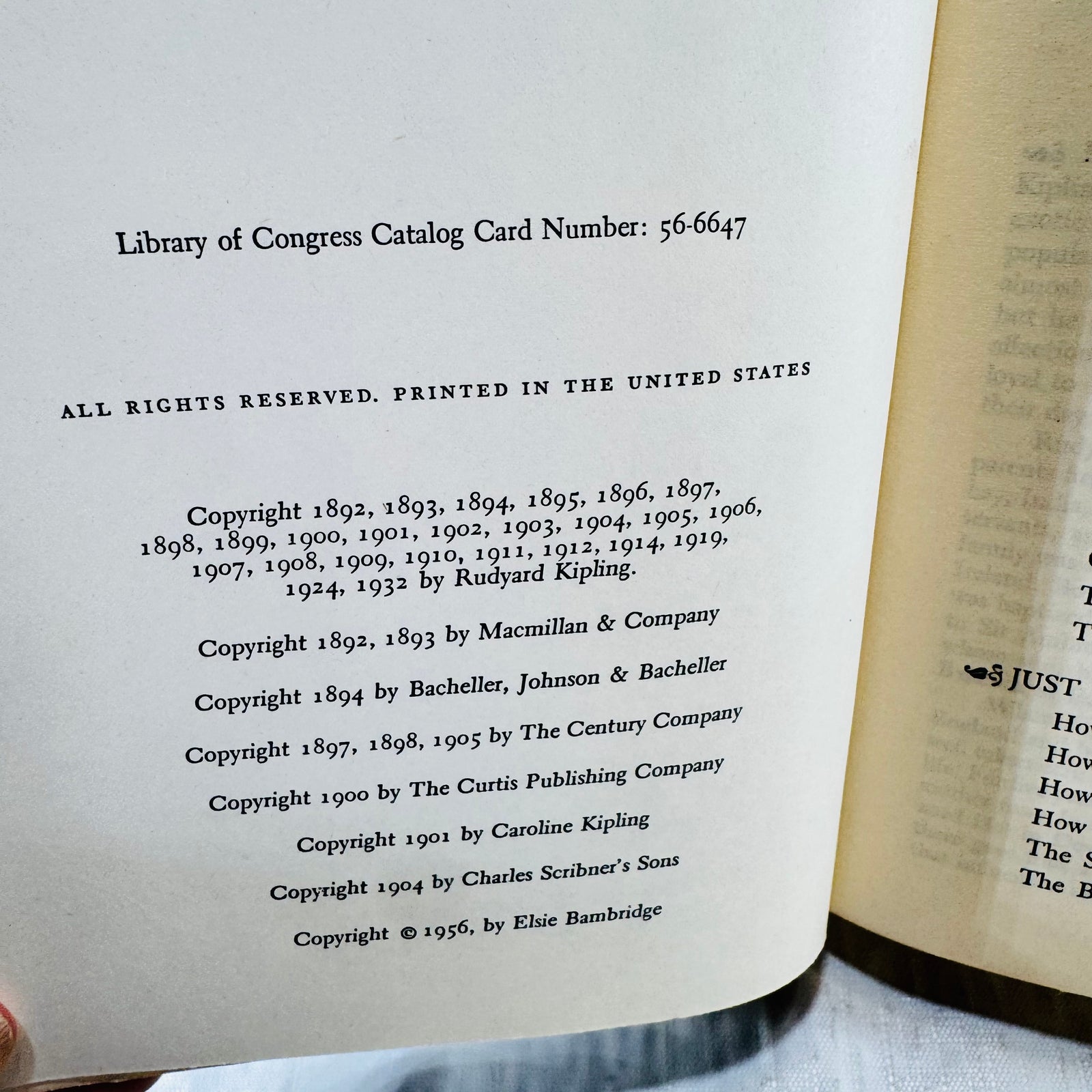 Copyright page showing 1956 Elsie Bambridge and Library of Congress 56-6647