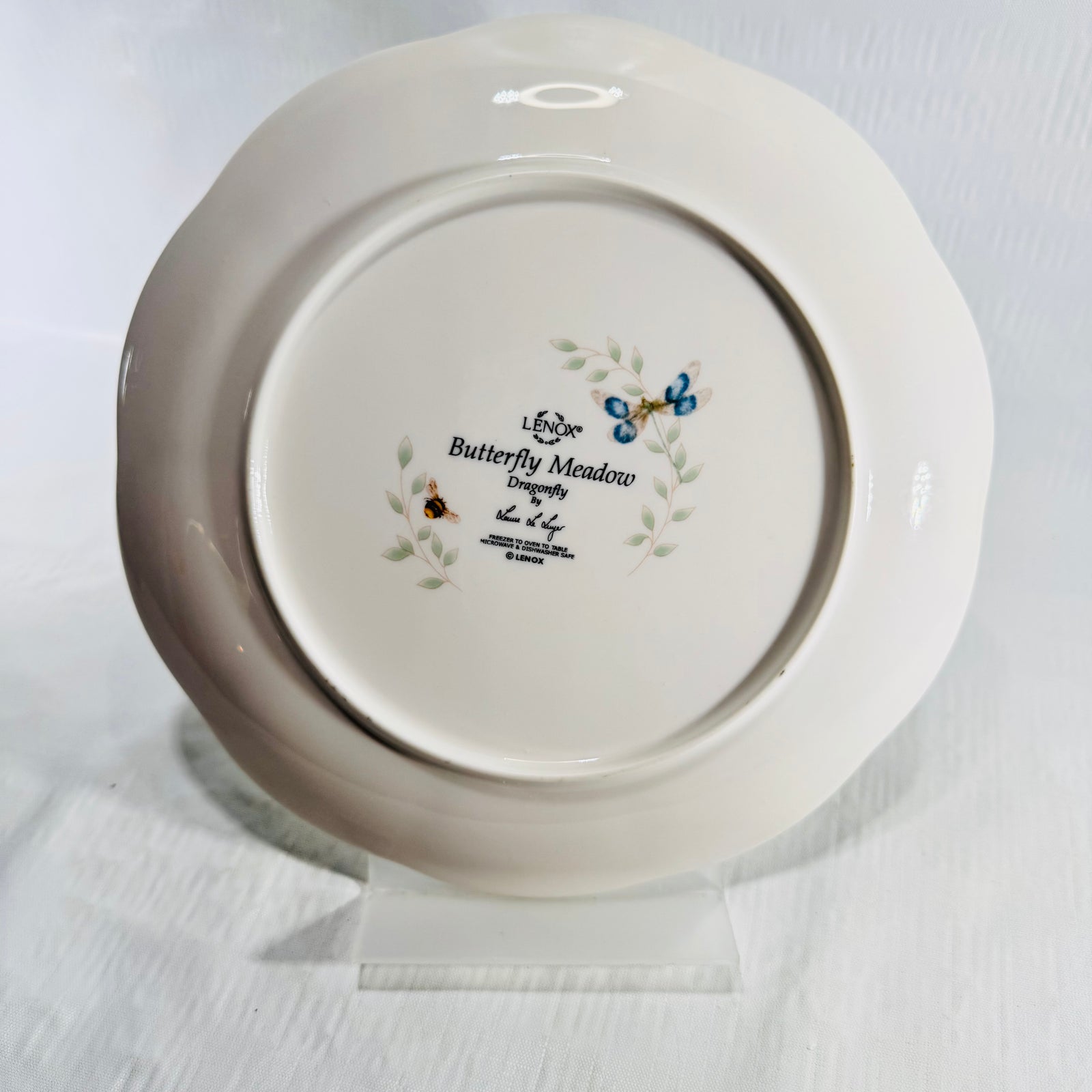 Back of Lenox Butterfly Meadow Dragonfly plate showing maker mark, pattern name and care instructions