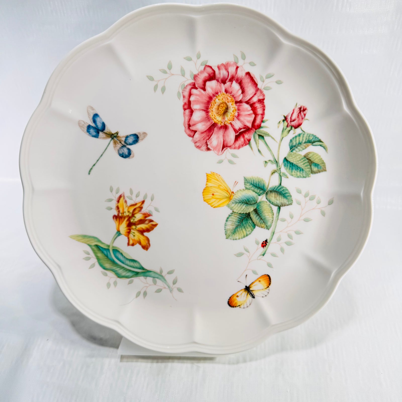 Lenox Butterfly Meadow Dragonfly 11 inch dinner plate with pink rose and blue dragonfly