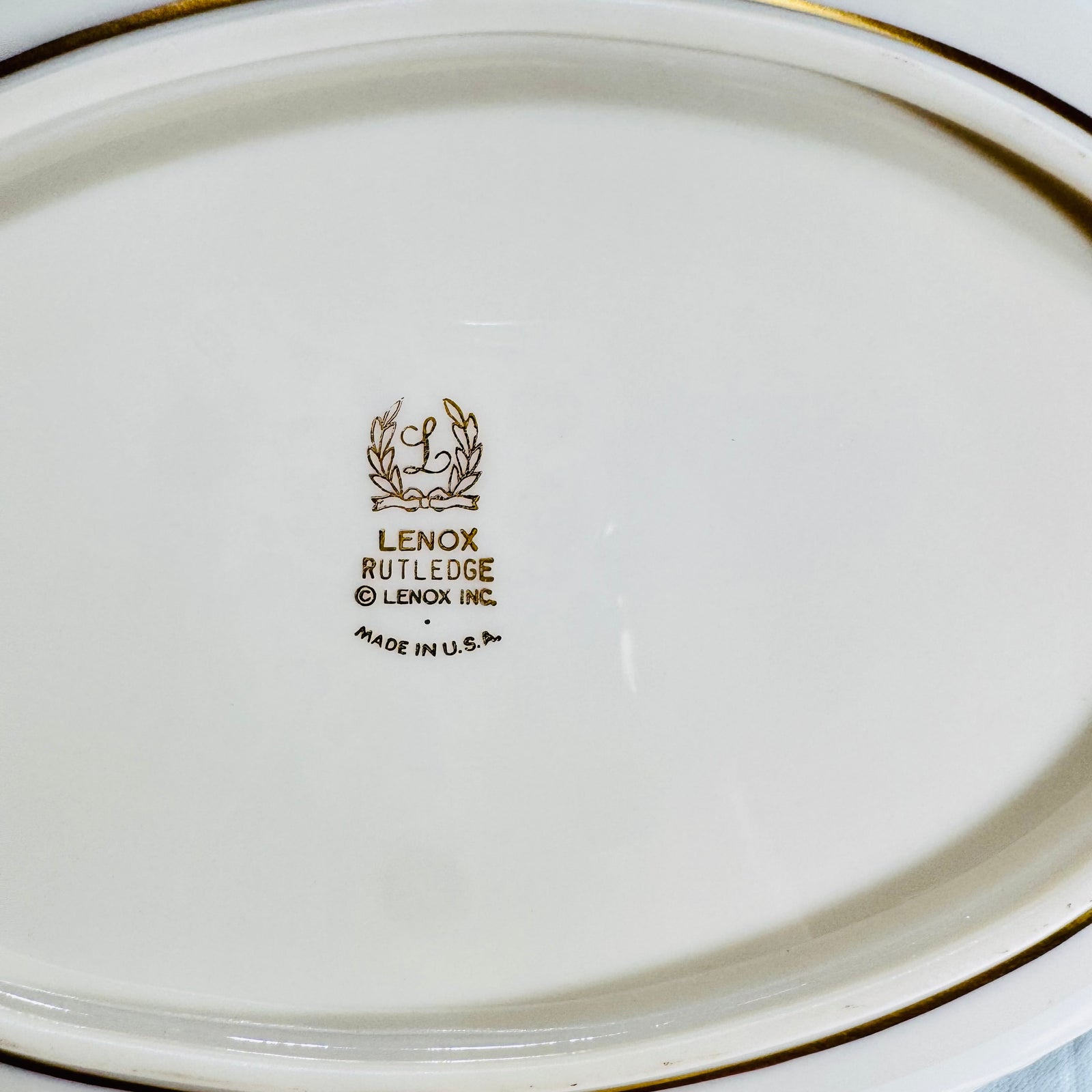 Lenox Rutledge oval bowl backstamp with laurel wreath, pattern name and Made in USA