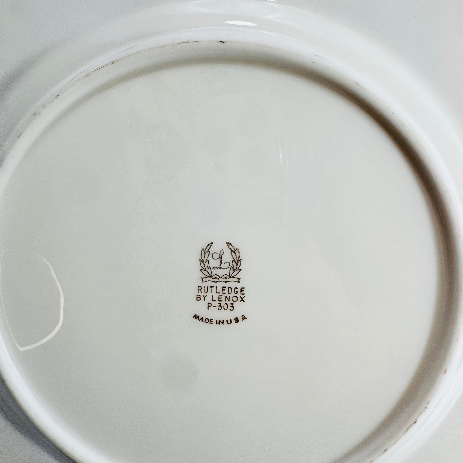 Close view of the brown Lenox wreath backstamp reading Rutledge P-303