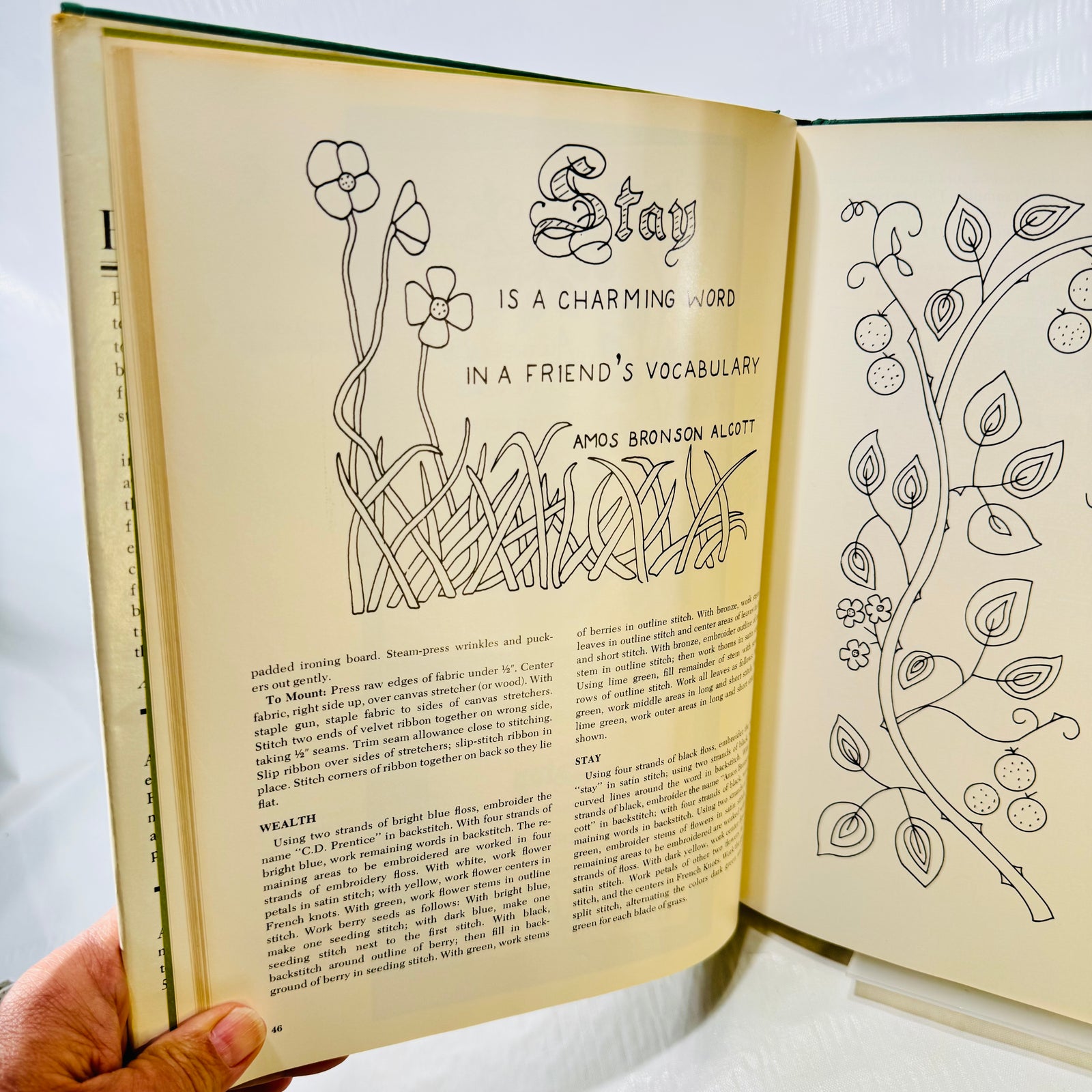 Embroidery pattern page with Amos Bronson Alcott Stay quote, page 46