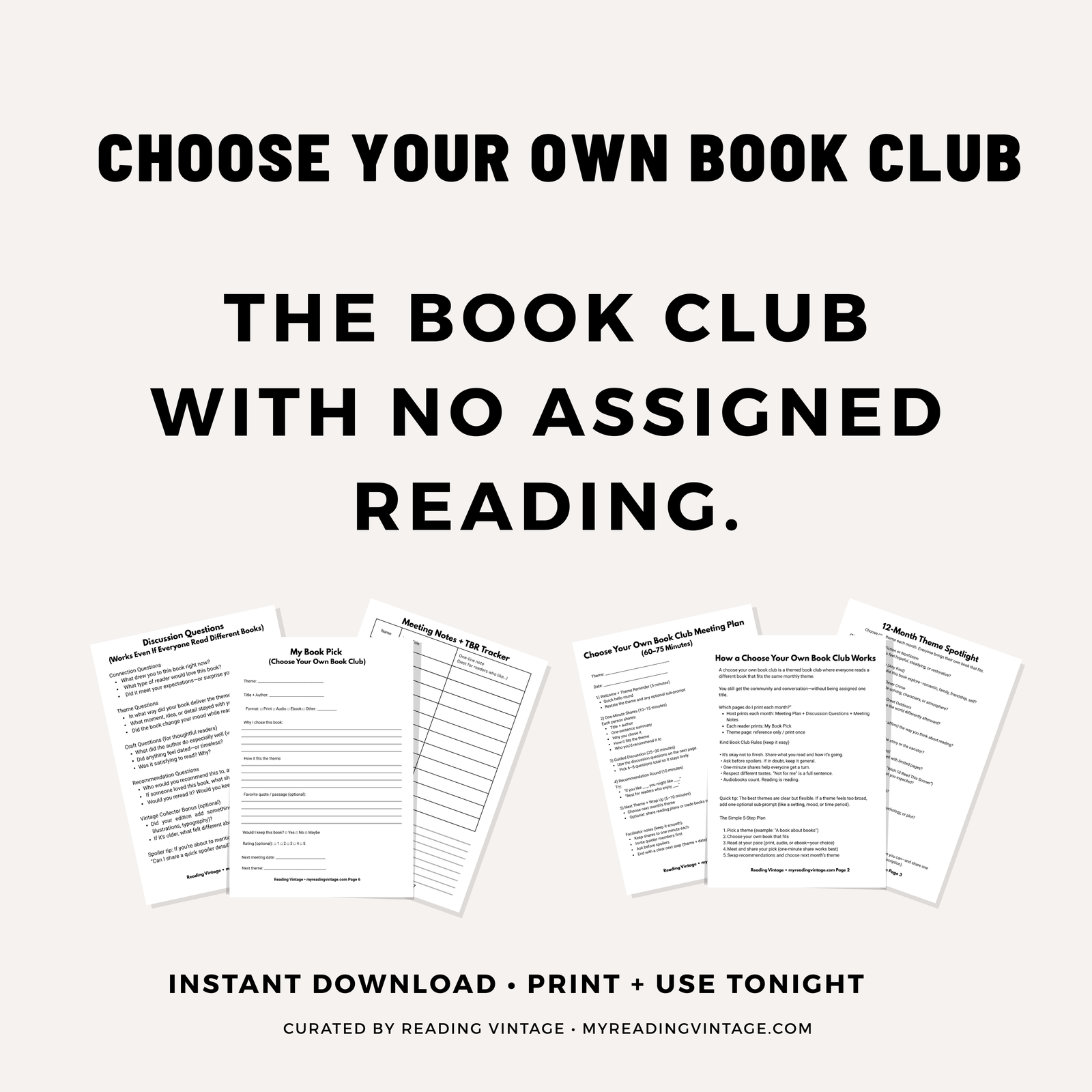 Choose Your Own Book Club Printable PDF Download | 12 Monthly Themes, Agenda, Questions & Worksheets
