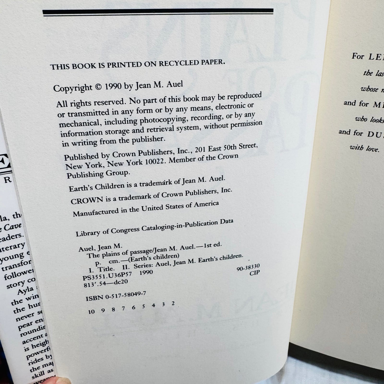 Plains of Passage copyright page showing 1990 and number line ending at 2