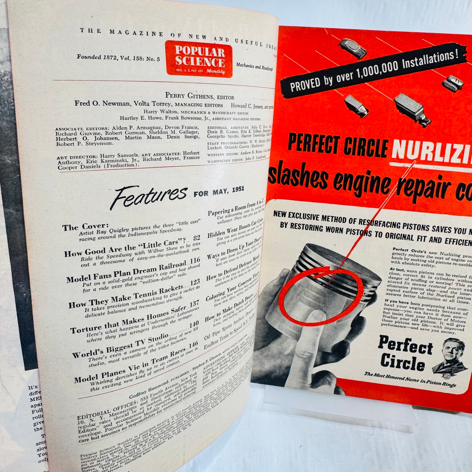 May 1951 Popular Science contents page beside full page Perfect Circle nurlizing advertisement
