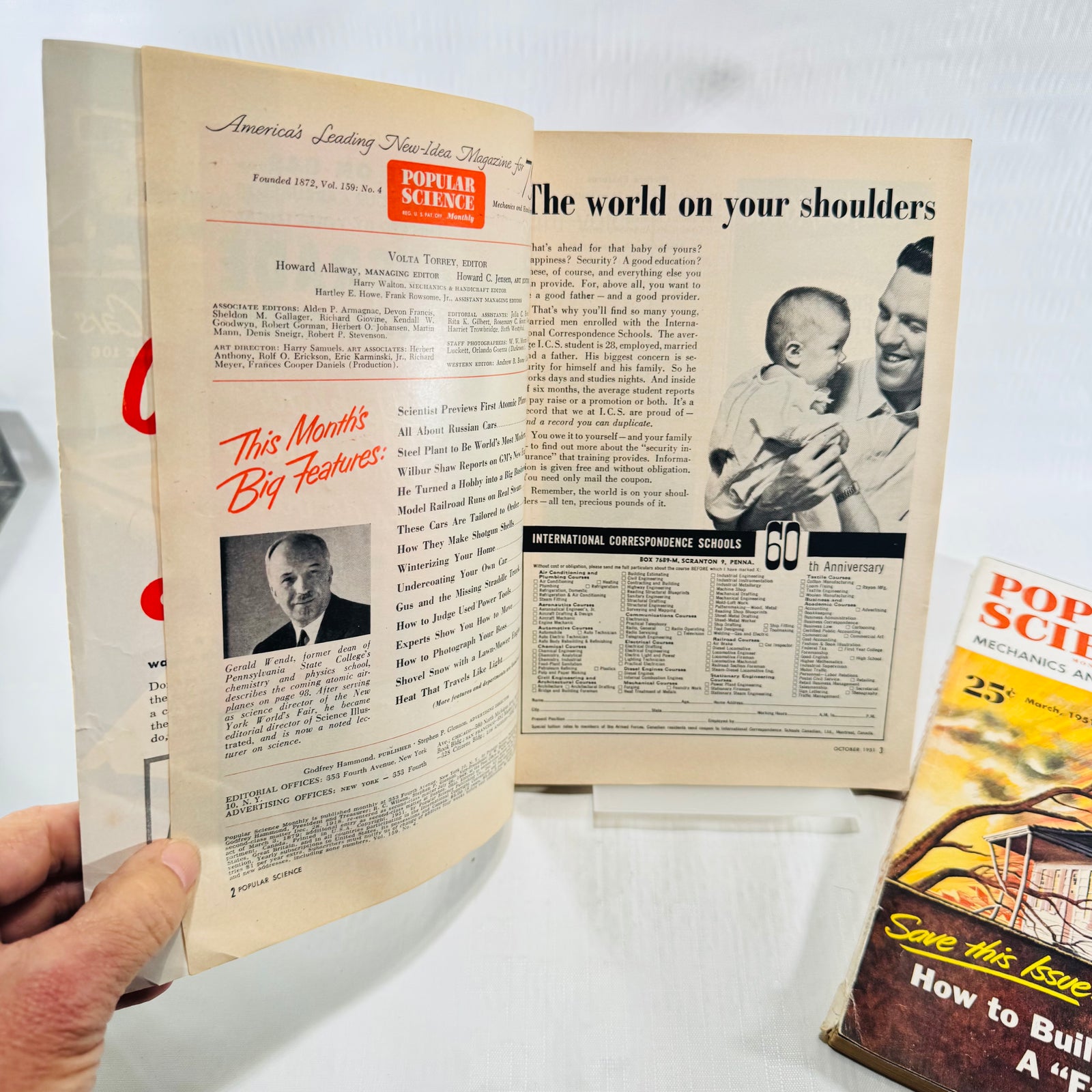 October 1951 Popular Science title page and contents beside an I.C.S. advertisement