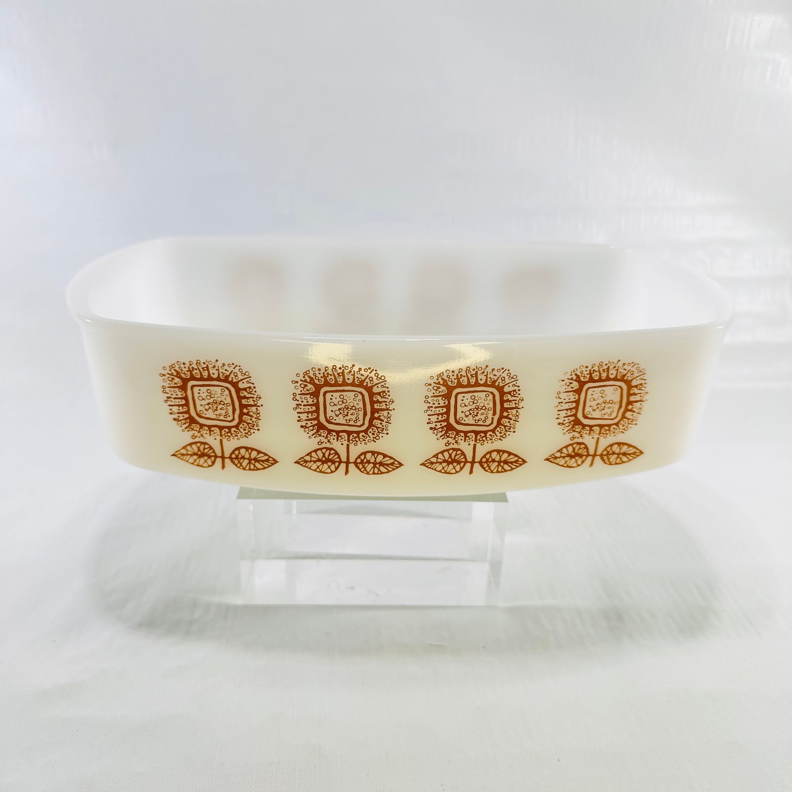 Vintage Pyrex Town and Country brown floral opal glass loaf pan, photo 1 of 8