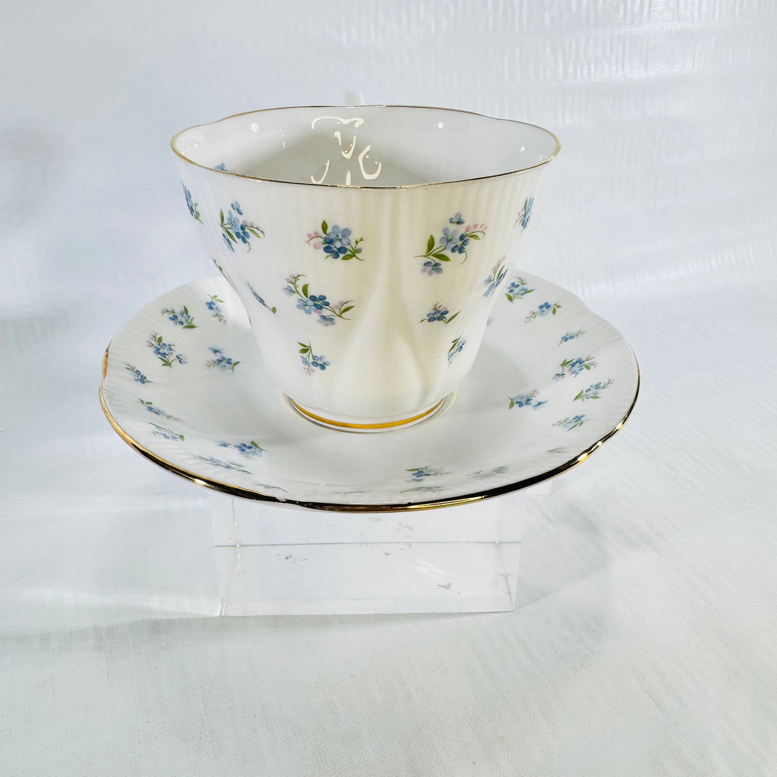 Eye level photo of the Royal Albert Blue Heaven teacup and saucer set