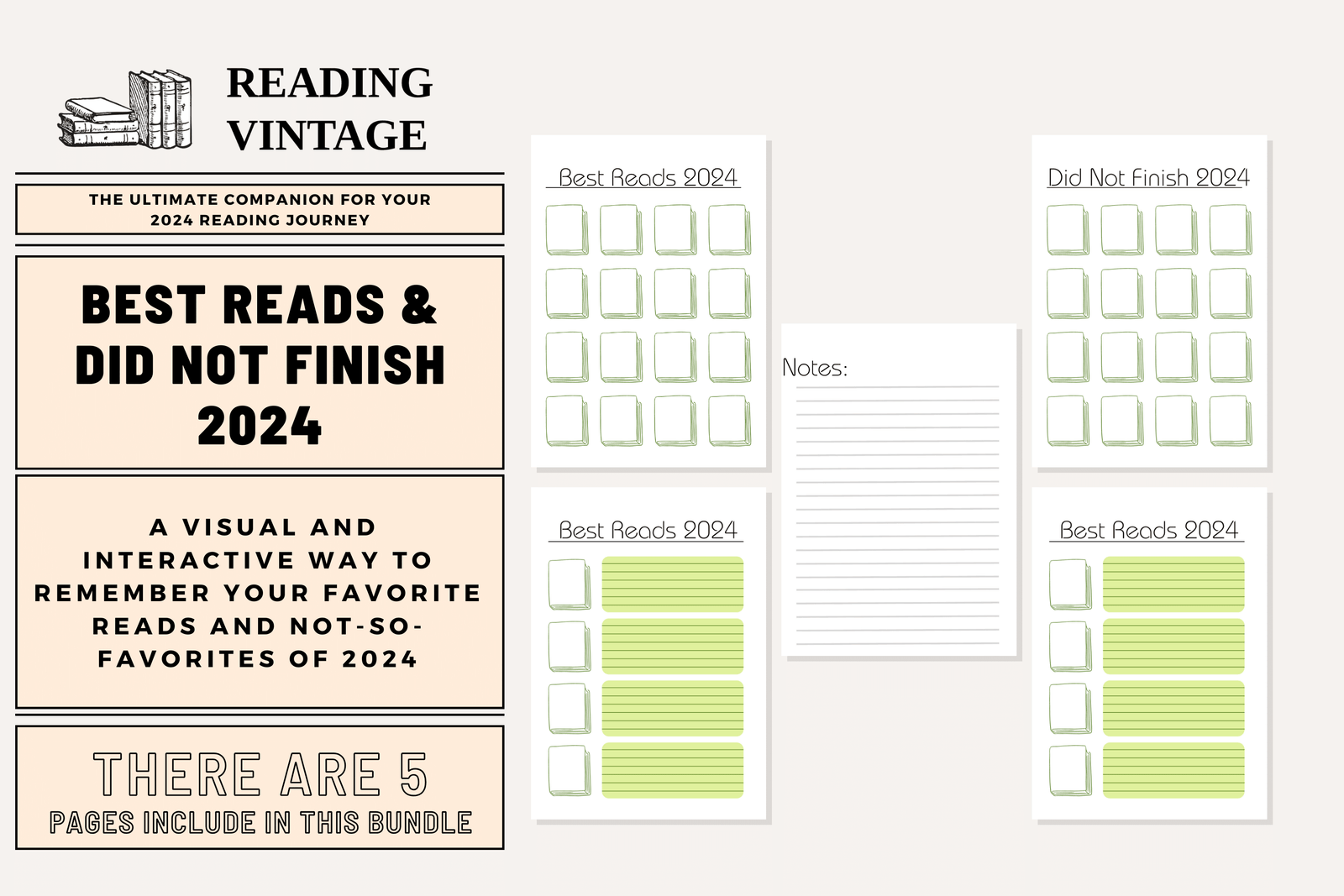 Best Reads & Did Not Finish Trackers 2024 5-Page Digital Download PDF