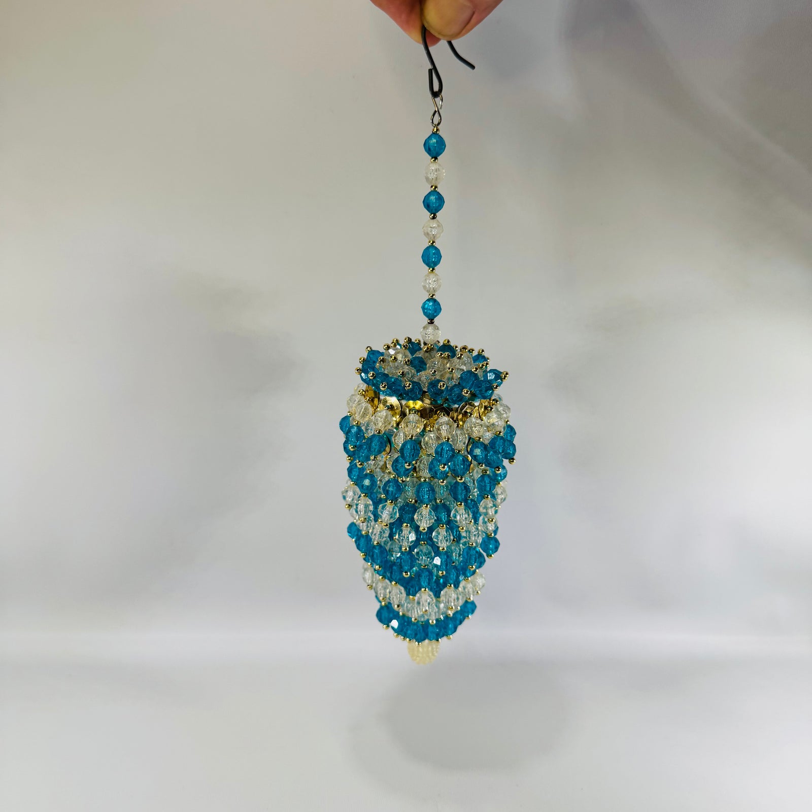 Vintage Handmade Beaded Christmas Ornament, Blue & Clear Icicle Chandelier Style