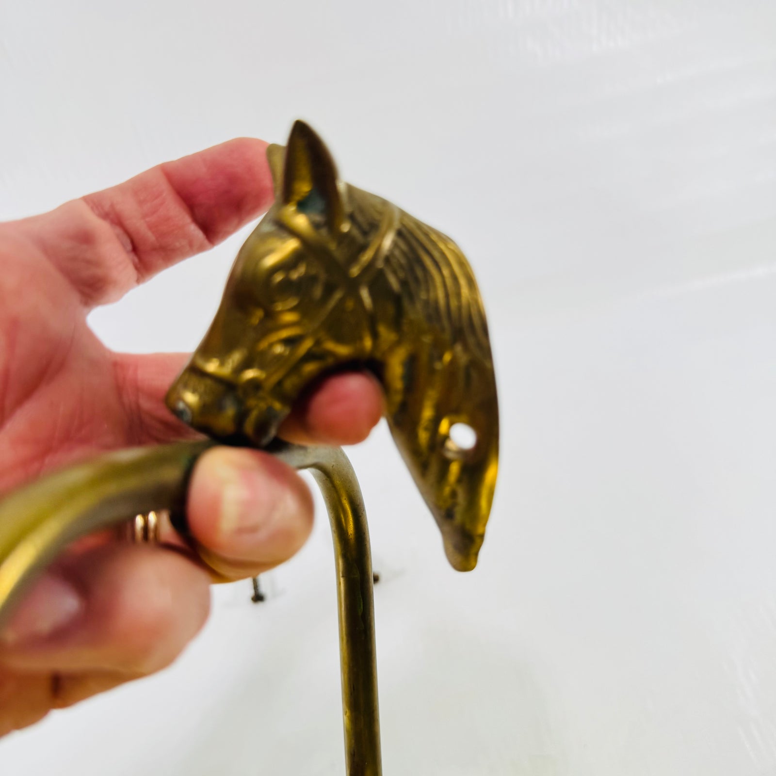 Side profile of the brass horse head showing mane, bridle, and halter detail
