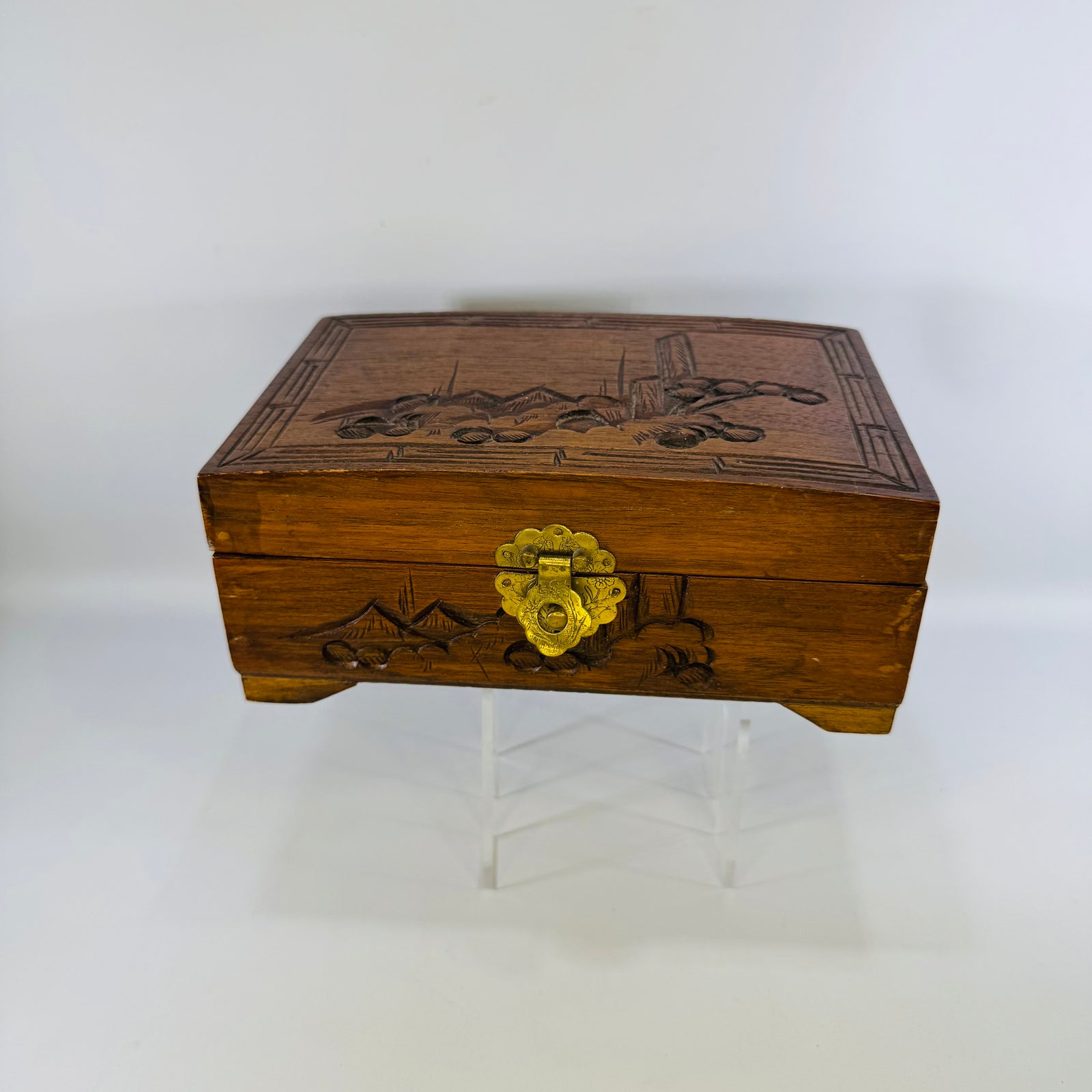 Vintage Carved Wood Jewelry Box with Mirror | Red Interior Keepsake Box