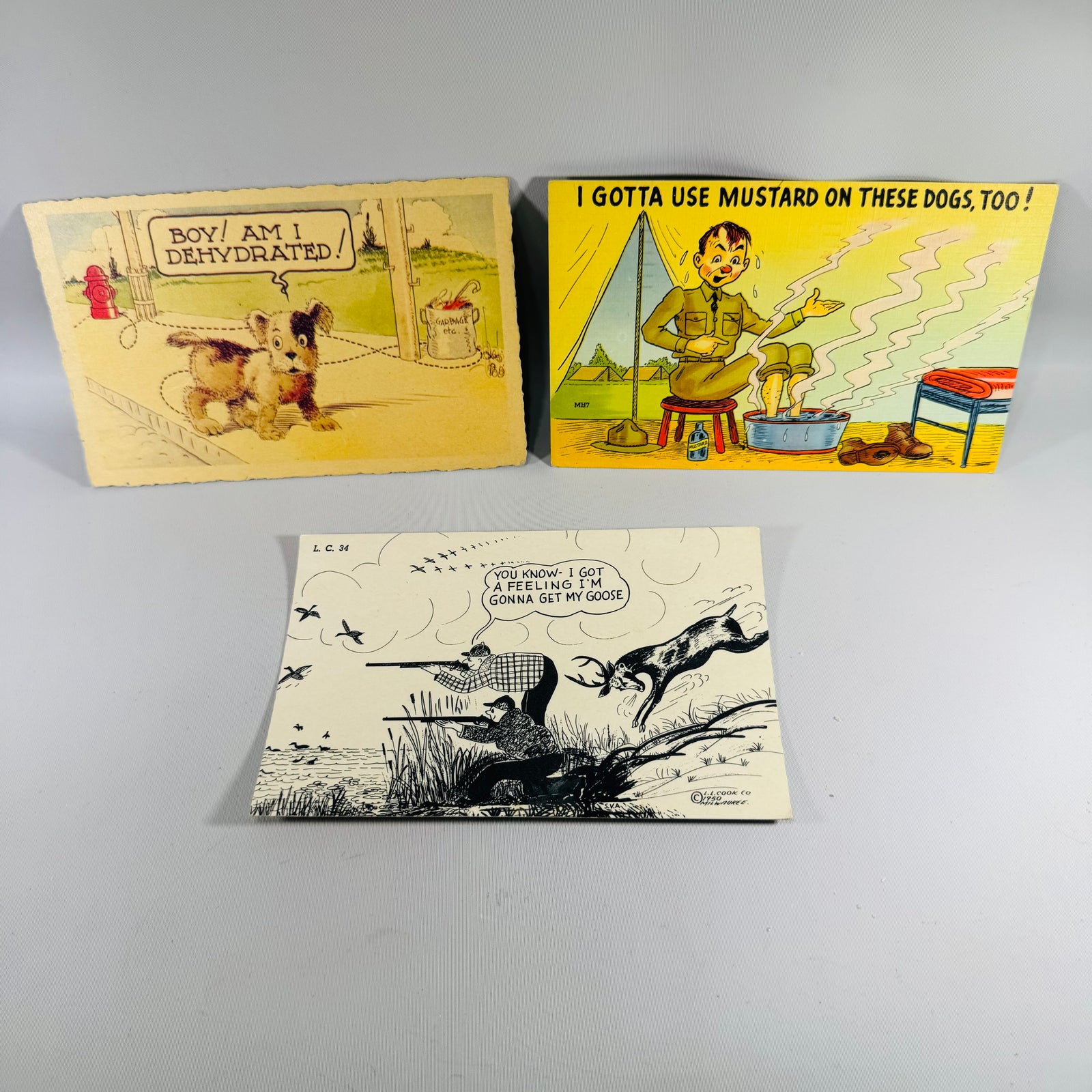 Vintage Comic Humor Postcard Lot Set of 3 — 1940s–1953 WWII Military, Hunting, Dog Humor, Mailed with Handwriting, Dexter Press Tichnor L.L. Cook