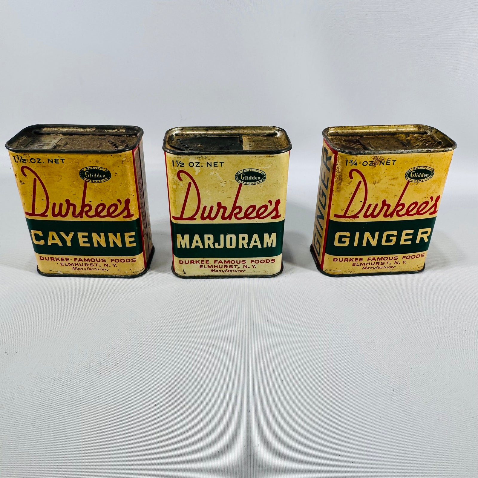 Vintage Durkee's Spice Tin Set of 3 — Cayenne, Marjoram, Ginger — Durkee Famous Foods Elmhurst NY, Mid-Century Kitchen Advertising Tins