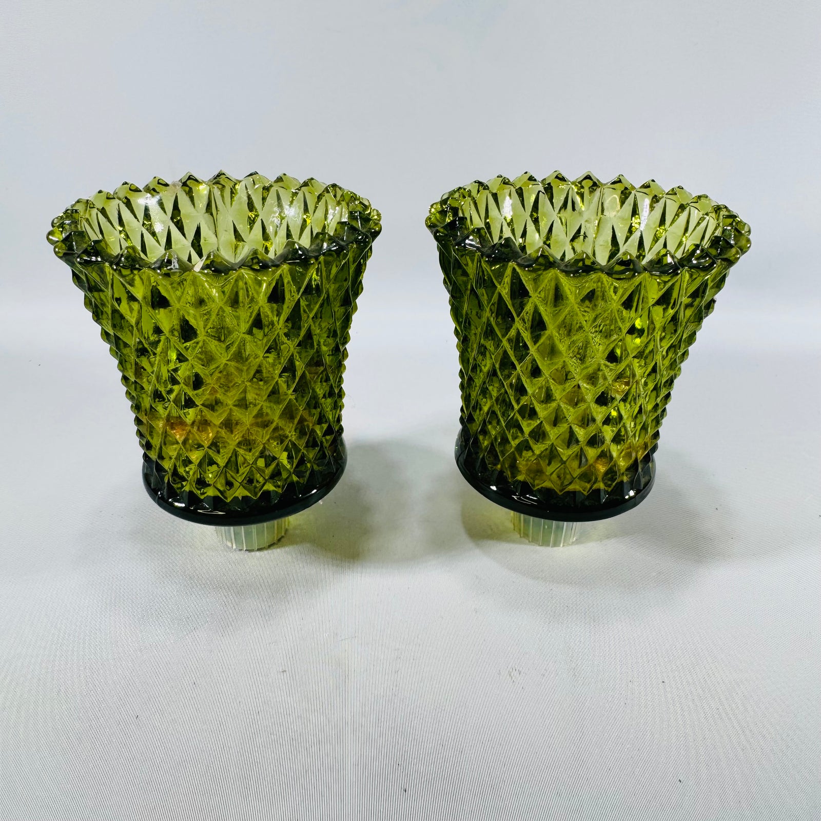 Vintage Green Glass Votive Candle Holders, Quilted Diamond Pattern, Pair