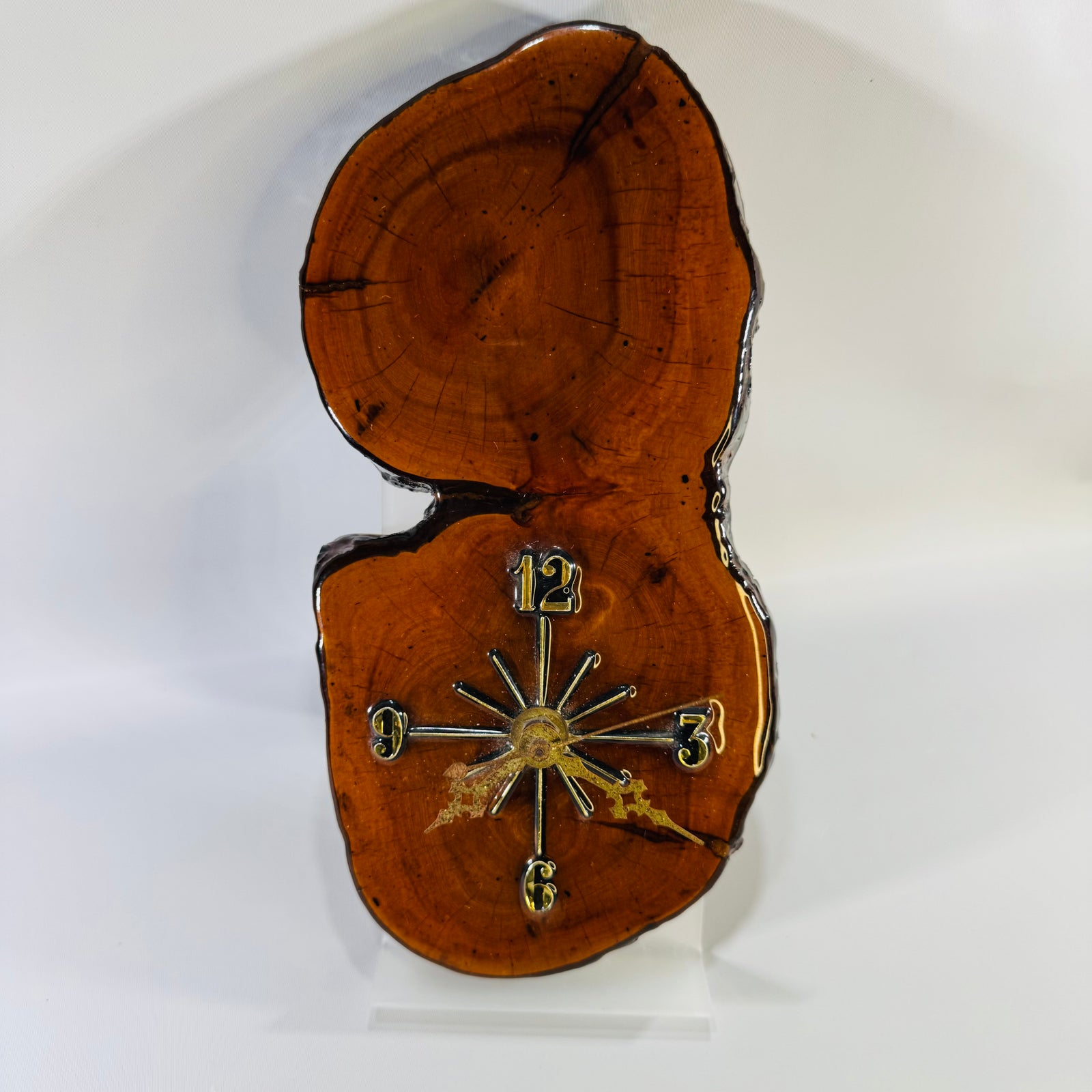 Vintage Live Edge Wood Slab Wall Clock | Rustic Lacquered Wood Clock