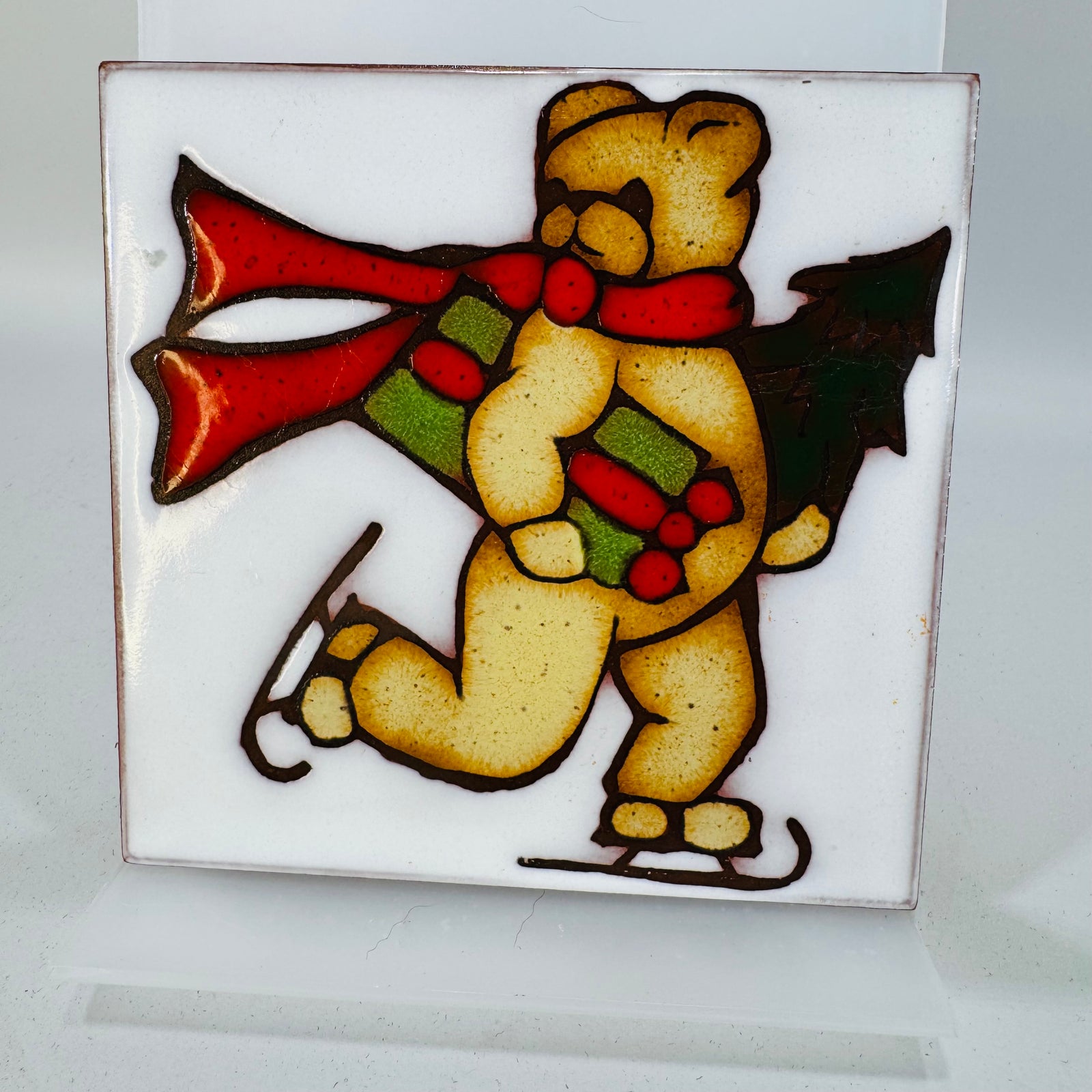 Vintage Mag Mor Skating Bear Ceramic Art Tile | Christmas Wall Decor