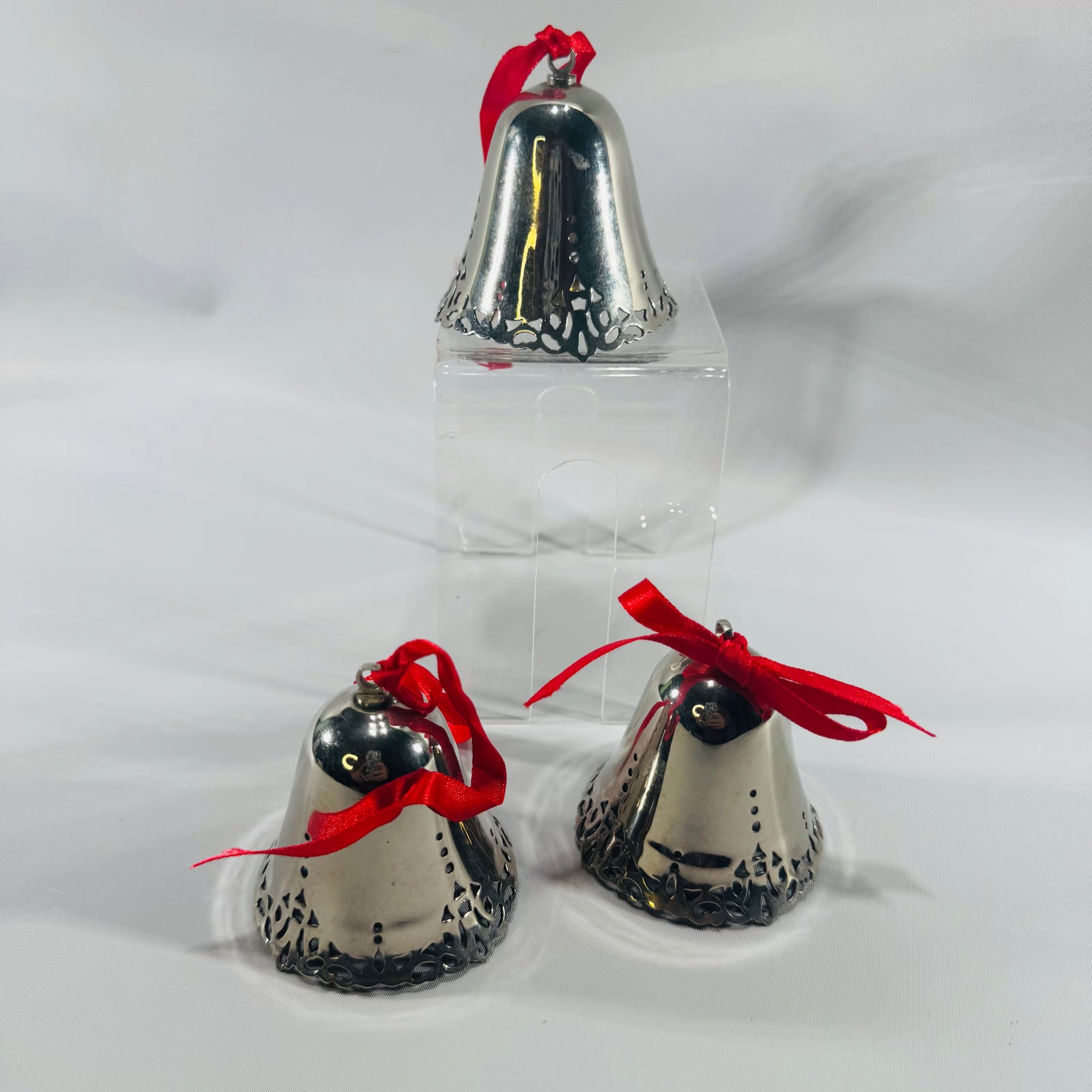 Vintage Silver Metal Bell Ornaments Set of 3 Red Ribbon Christmas Decor