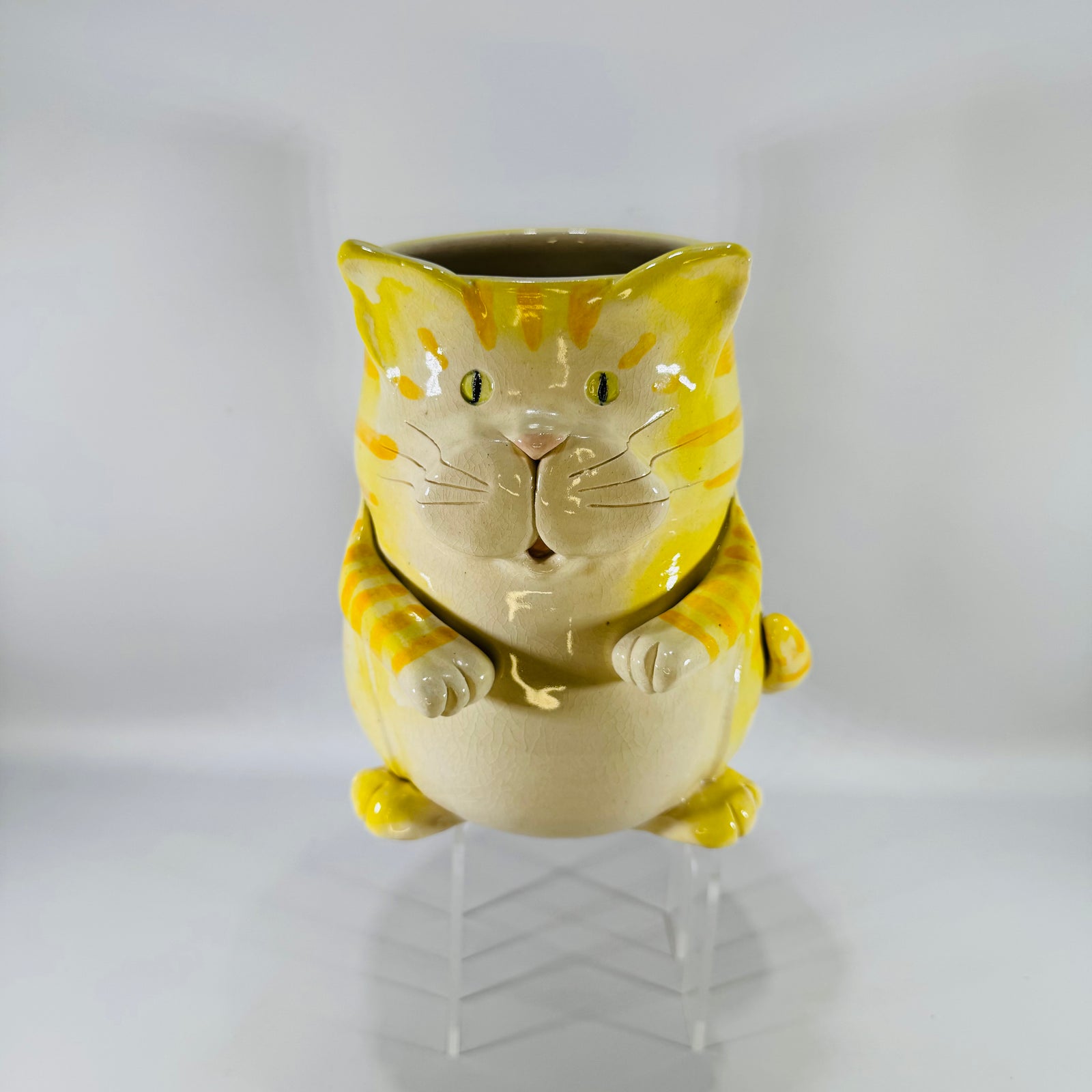 Vintage Hibisus Pottery Yellow Ceramic Cat Planter | Striped Cat Desk Organizer or Kitchen Utensil Crock