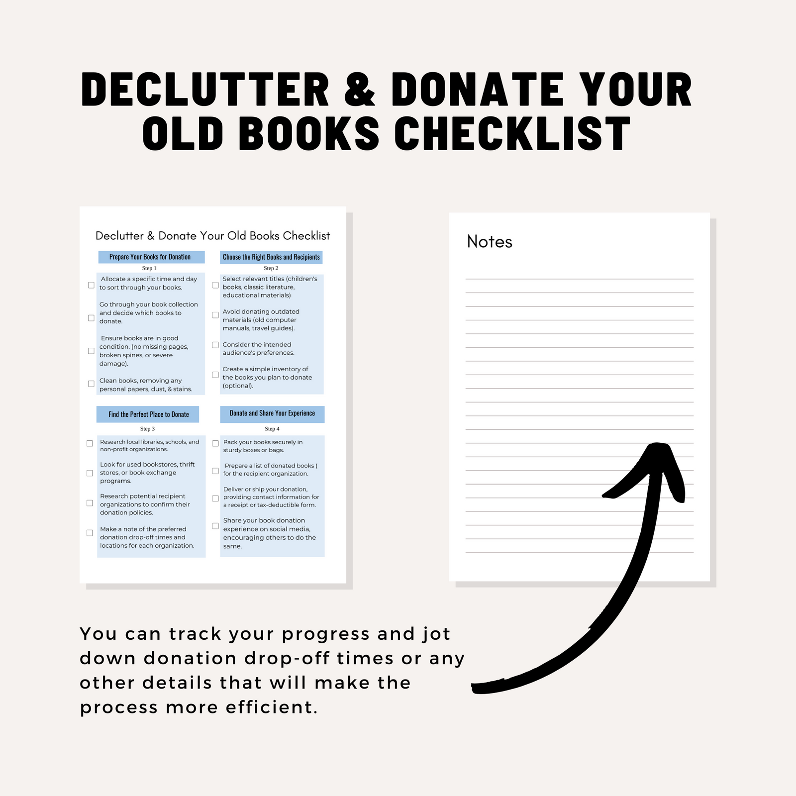 Declutter & Donate Your Books Checklist (2 Pages) – Digital Download PDF | Library Organizing & Donation Guide
