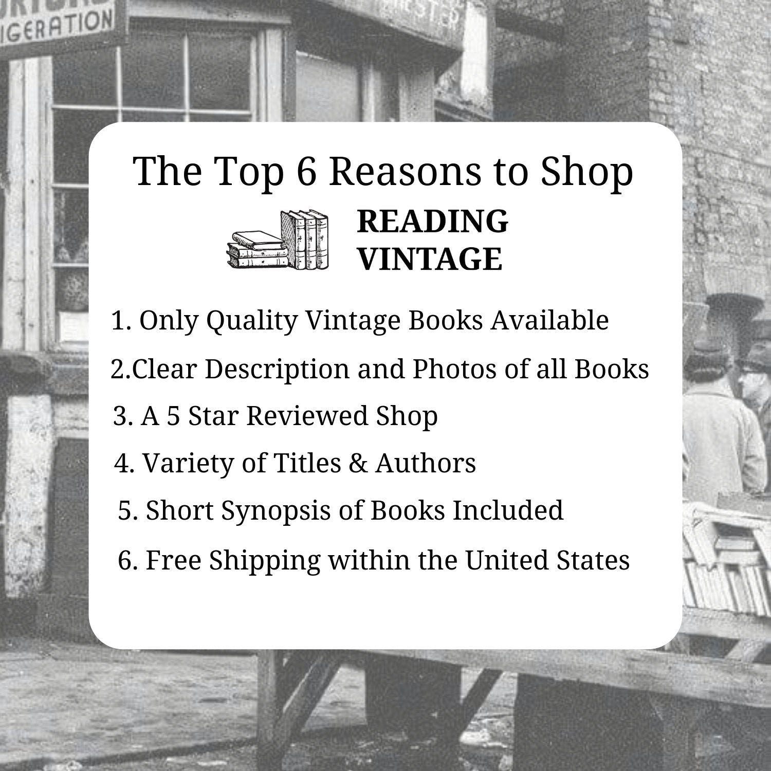 Reading Vintage graphic listing the top 6 reasons to shop the store