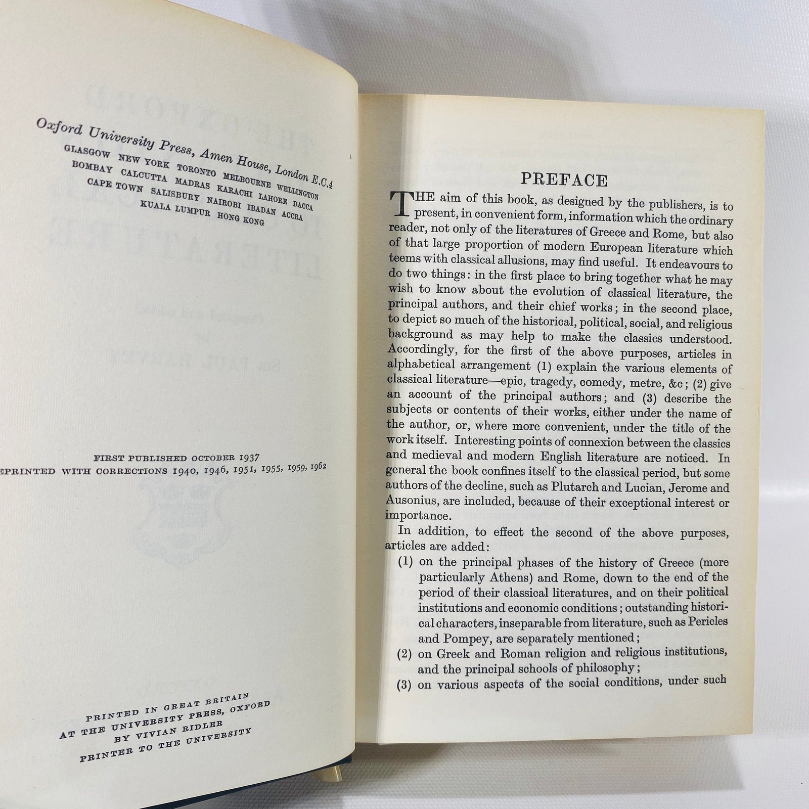 The Oxford Companion to Classical Literature compiled by Sir Paul Harvey 1962 Vintage Book