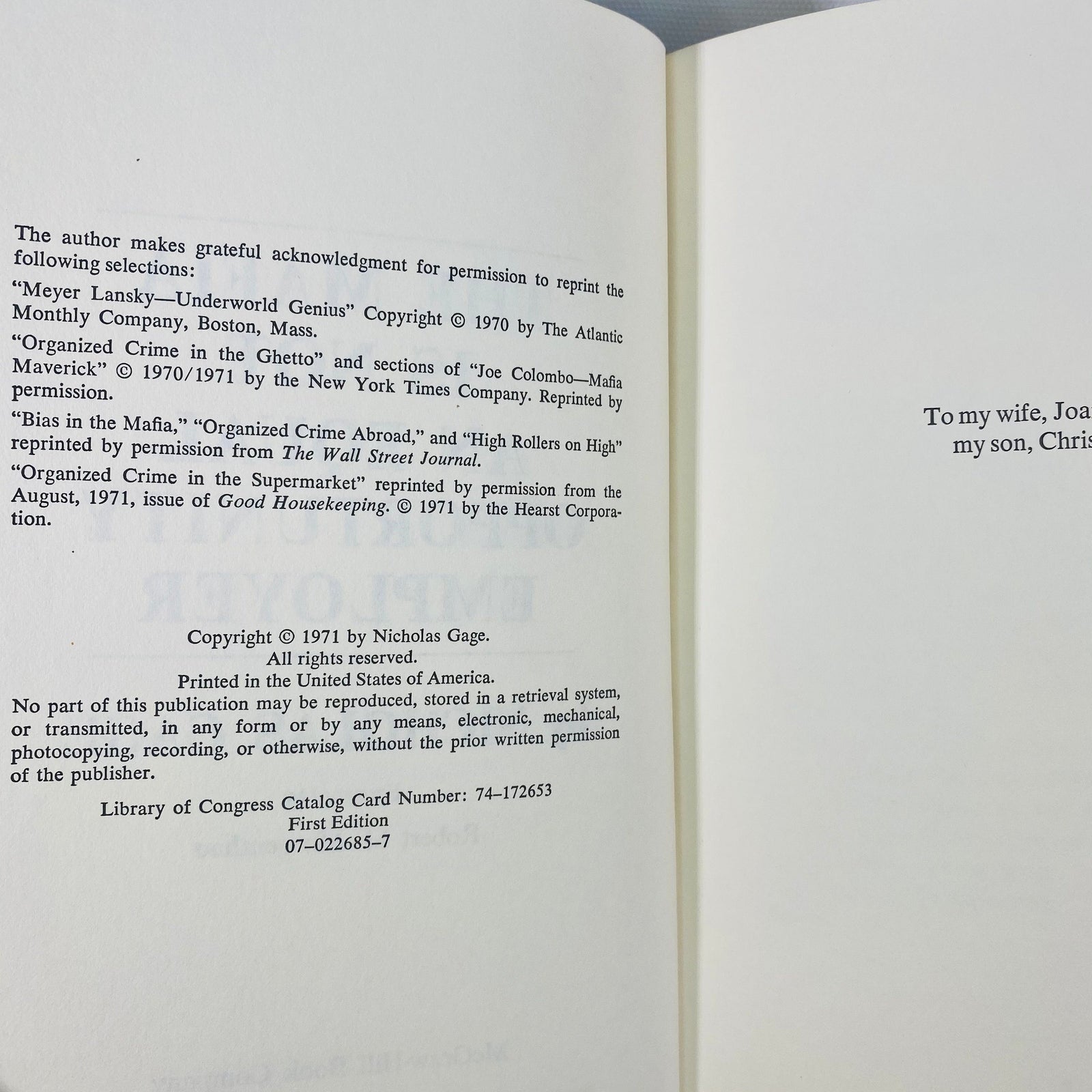 This Mafia is not an Equal Opportunity Employer by Nicholas Gage 1971 First Edition McGraw-Hill Co Vintage Book